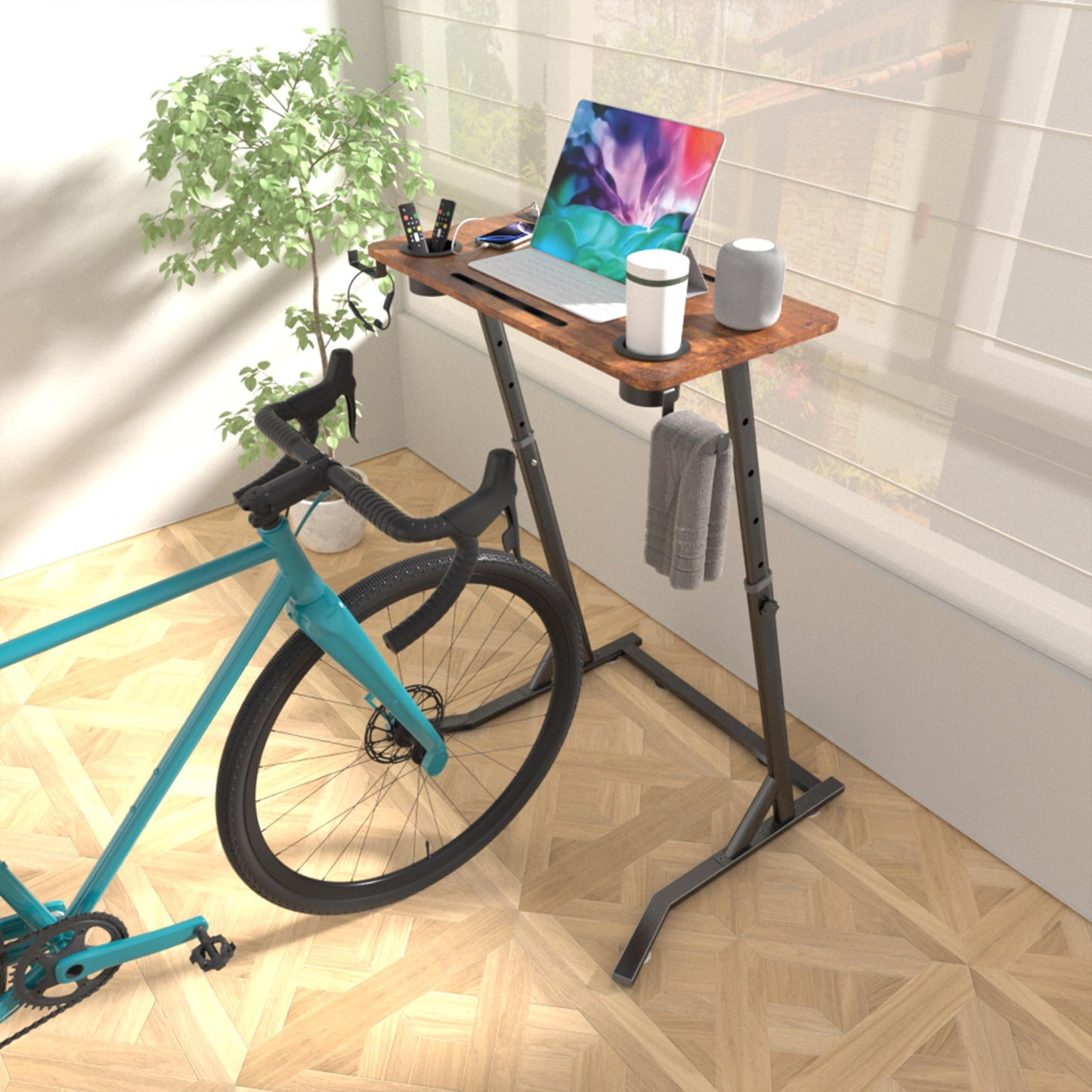 OrigoDeco Indoor Cycling Desk, Adjustable Standing Desk for Walking Pad, Bike Trainer Desk with Power Socket, for Indoor Cycling Treadmill & Office Use, Exercise While Working or Watching TV
