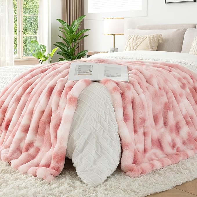 Touchat Luxury Faux Rabbit Fur Throw Blanket for Couch, Super Heavy Warm Cozy Blanket for Sofa Bedroom Living Room, Ultra Soft Fluffy Reversible Plush Blanket for Home Decor Gifts, Tie-dye Pink