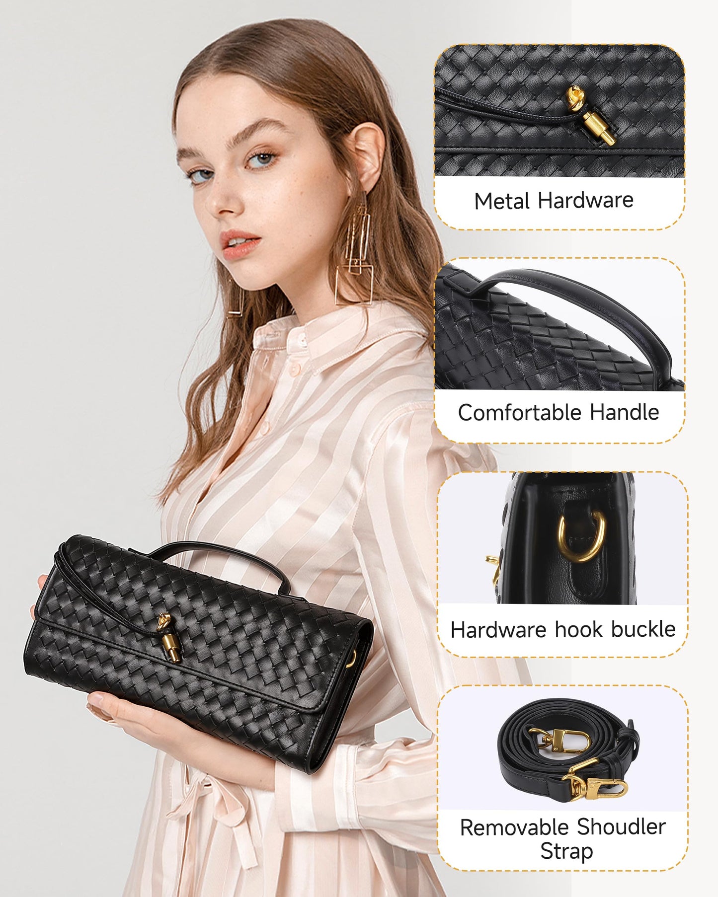 Trendy Woven Evening Clutch Purses,Women Underarm Shoulder Handbag,Cute Satchels Crossbody Purse PU Leather Wallet Clutch Purses for Women, Formal Satchel Leather Evening Bag Shoulder Handbag(Black)