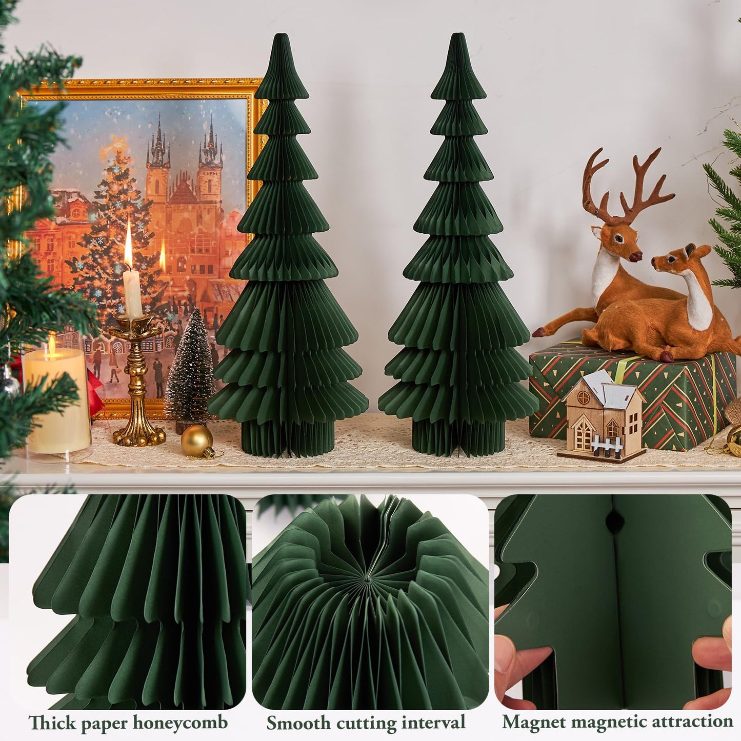 OBBOLO 20 Inch Green Paper Christmas Tree, 2 Pcs Foldable Honeycomb Tabletop Christmas Decorations with Magnetic Closure, Reusable Paper Trees for Holiday Table Centerpieces and Mantel