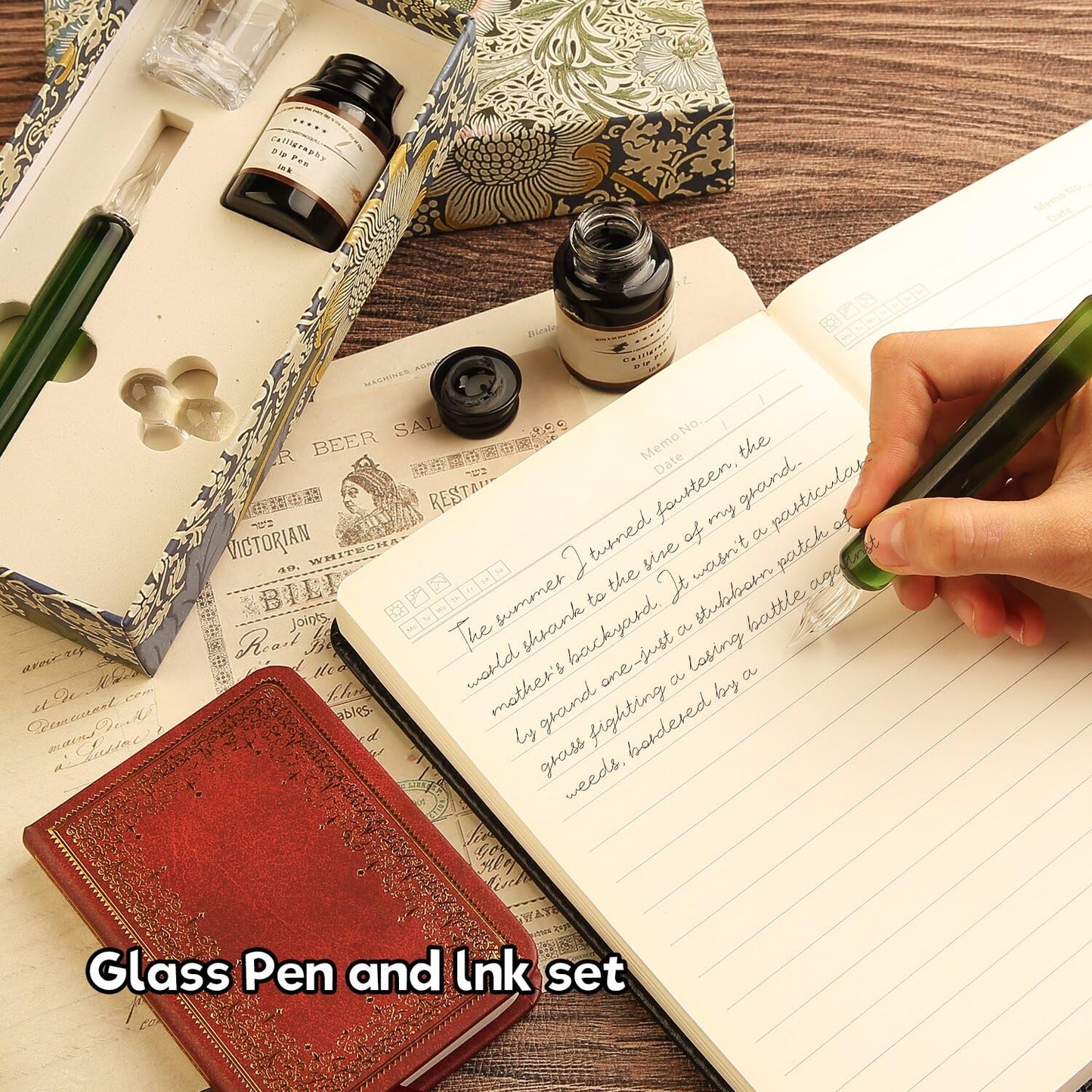 GC QUILL Glass Dip Pen Set,Calligraphy Pen,A Squat Crystal Signature Pen for Art, Writing, Signatures -Decoration and Business Gift (Green)