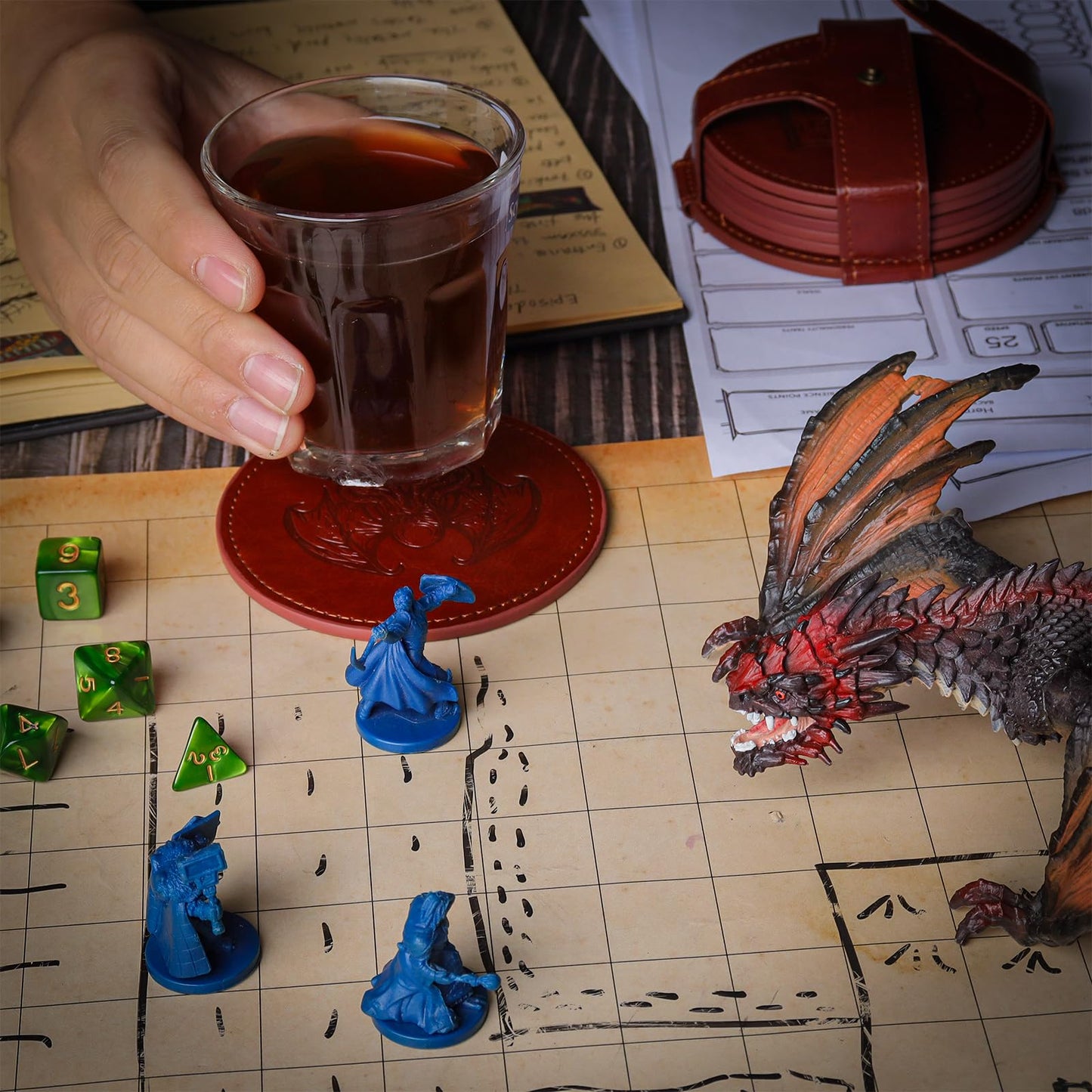 CZYY DND Coaster Set, Set of 6 Faux Leather Coasters with Storage Holder, Embossed with Dragon, Beholder, Mimic, Cthulhu, D20 & Dungeon Master, DND Inspired Gift for DM & Gamer