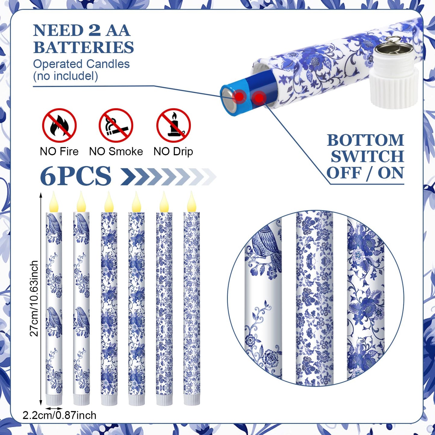Baquler 6 Pcs Chinoiserie Flameless Candles Coastal Chinoiserie Bird Home Decor 10.6 Inch Blue and White Battery Operated LED Candlesticks for Holiday Wedding Party Summer Table Centerpiece
