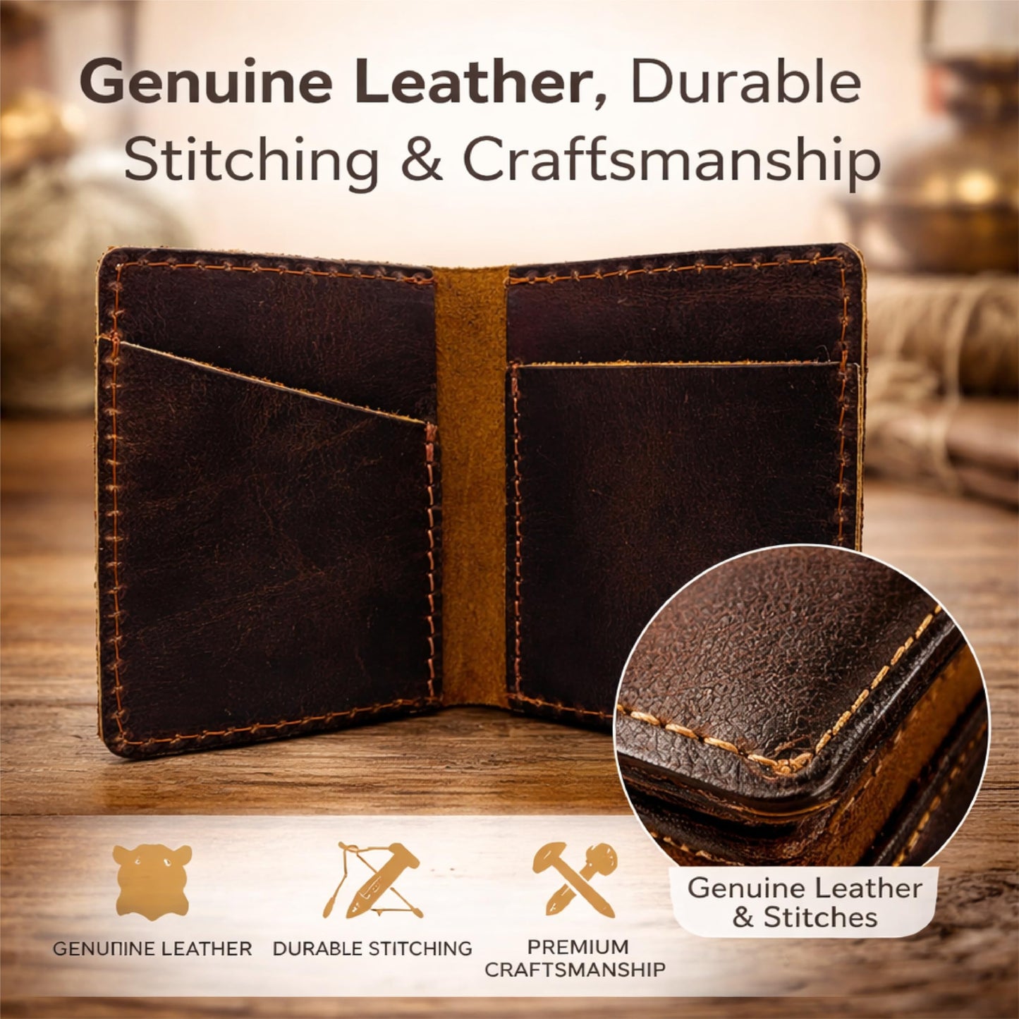 TheAntiq Credit Card Case Holder, Genuine Leather Bifold Wallet for Men and Women, Slim Minimalist Front Pocket Card Holder for Credit and Debit Cards, 4x3 Inches, Brown