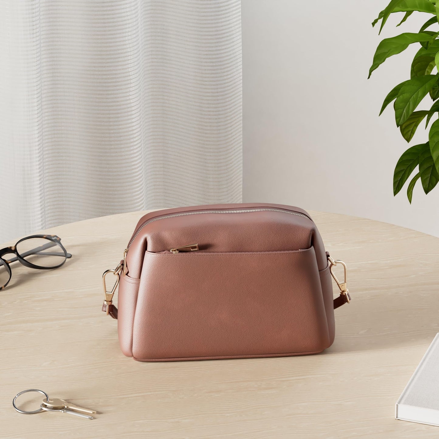 FashionPuzzle Triple Zip Small Crossbody Bag (Mocha)