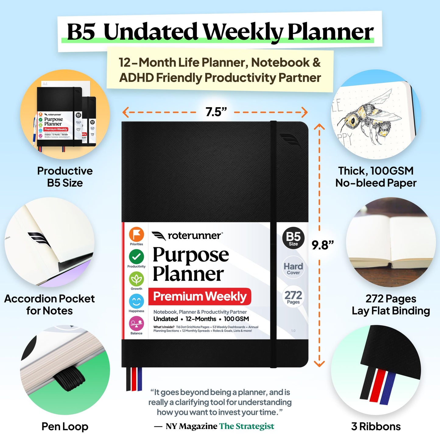 Roterunner Purpose Planner Notebook B5 7.5”x9.8” 12 Month Undated 2026 Daily Weekly and Monthly Productivity Goal Setting Tool for Work Home ADHD Planner for Adults Self Care Journa (Black)