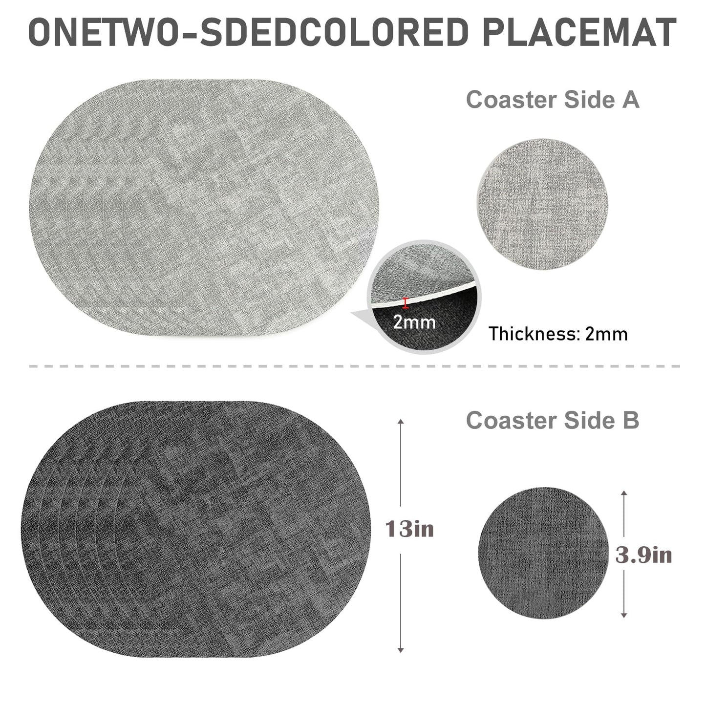 13" Round Placemats Set of 6 with Coasters, Reversible Faux Leather Heat Resistant Table Mats, 100% Waterproof Oilproof Wipeable Double-Sided Place Mats for Indoor/Outdoor Use (Light Grey) ﻿ ﻿
