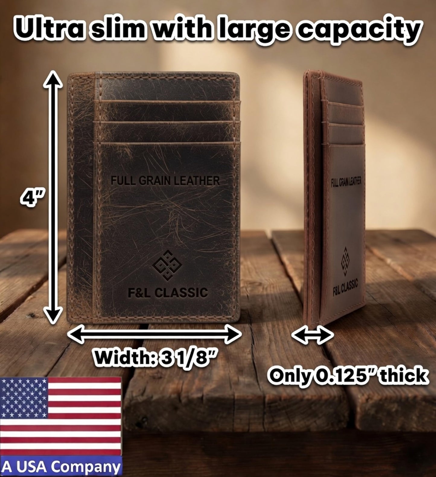 F&L CLASSIC Slim Minimalist Front Pocket leather card holder wallet, for men and women, RFID Blocking, dark brown,10-04