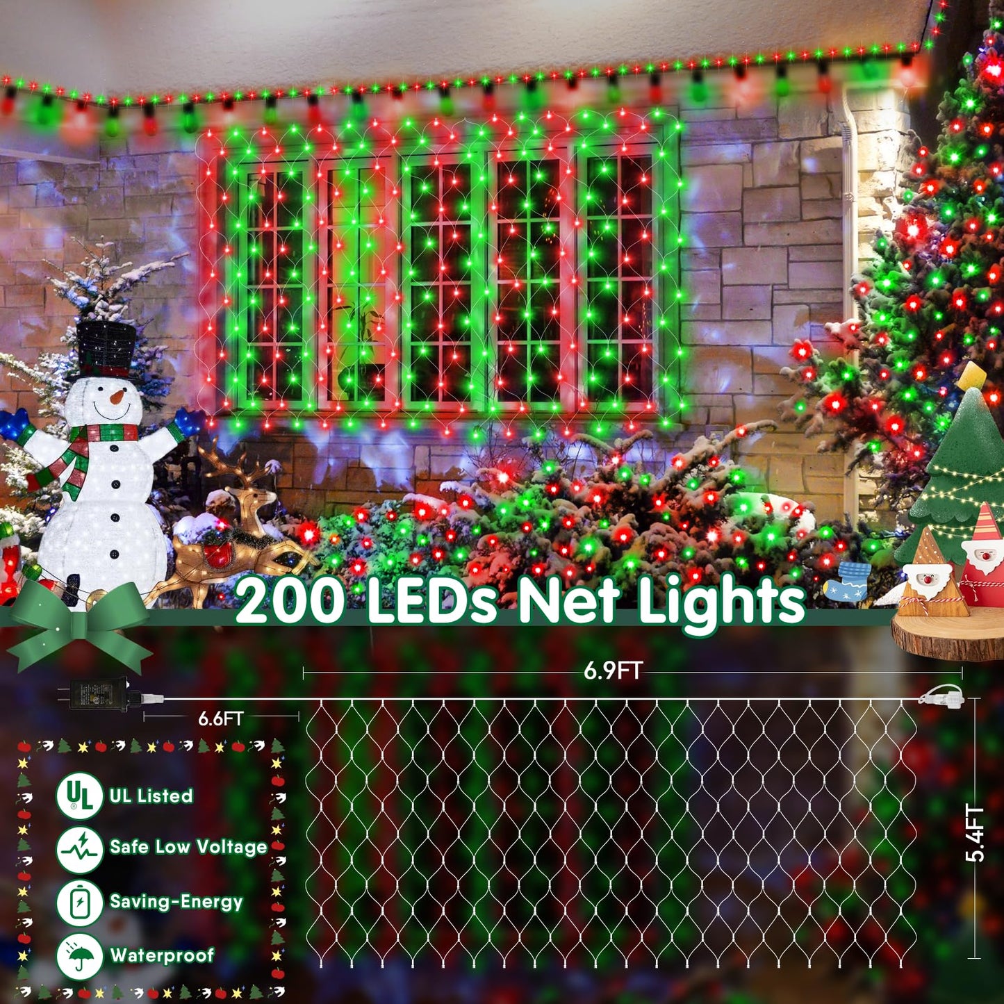 Hezbjiti Christmas Net Lights Outdoor 200 LED 6.9FT x 5.4FT Clear Wire with 8 Modes, Connectable Plug in Waterproof, Timer Memory Function for Xmas Tree Bushes Porch Lawn Windows Decor（Red Green）