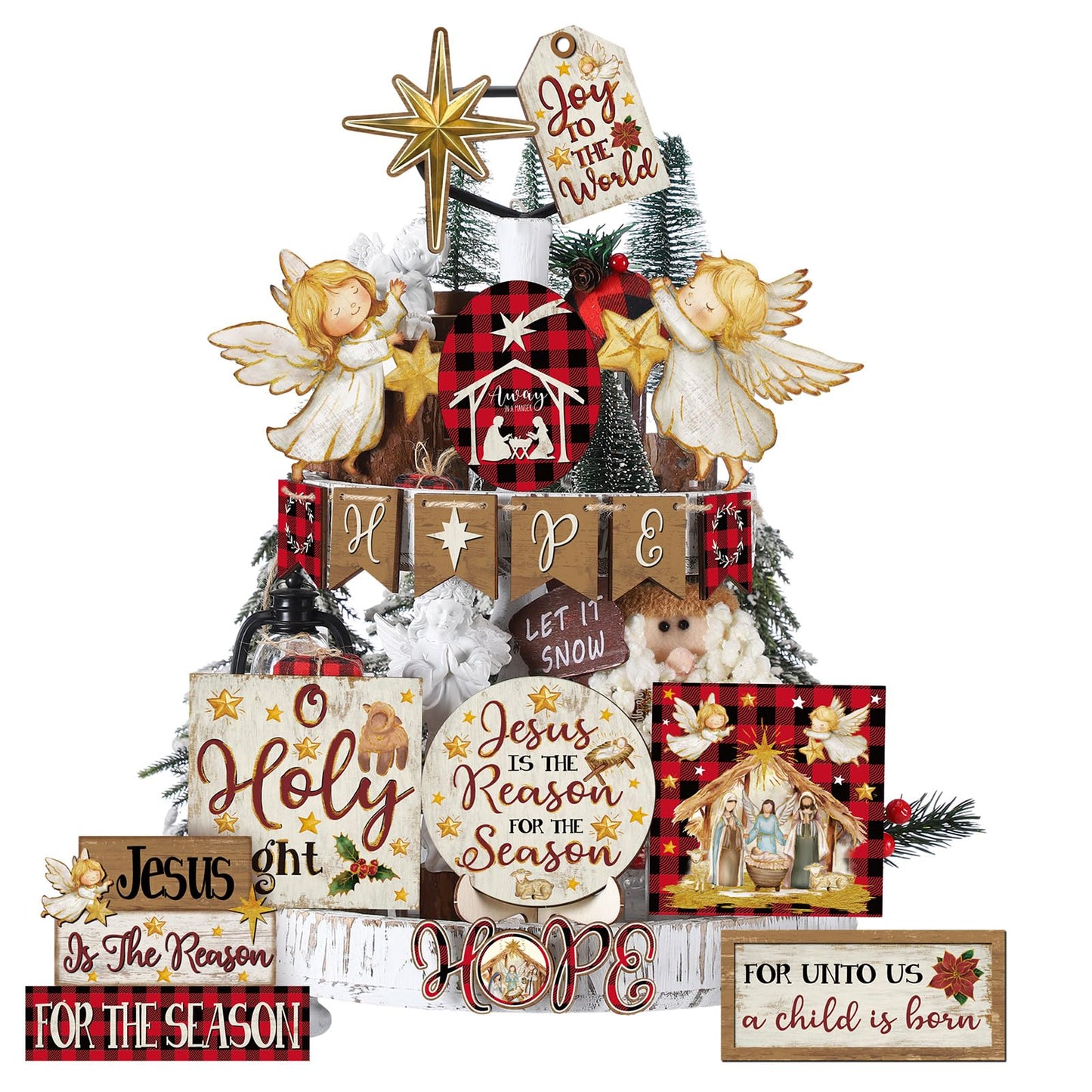 Vercraft 18 Pcs Graduation Tiered Tray Decorations Class of 2026 Tiered Tray Decor Black White Grad Wooden Signs Farmhouse Table Shelf Decoration for Graduation Party Supplies(Nativity Scene)