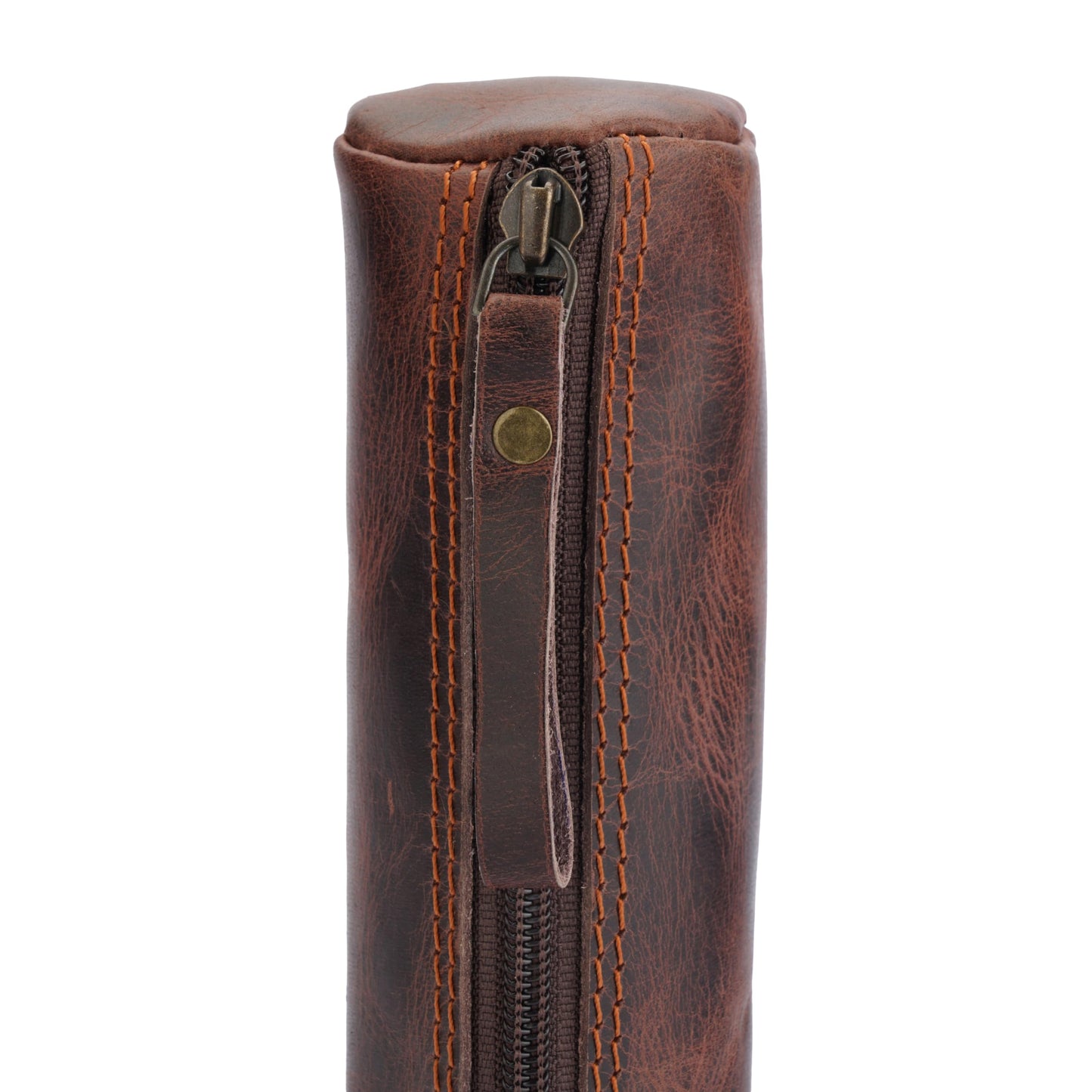 CestAntiQ Round Leather Zipper Pencil Case – Full Grain Handmade Pen, Marker & Sketch Pouch, Compact Tube-Shaped Organizer for Office & Travel, Premium Small Tool Holder for Adults – Brown