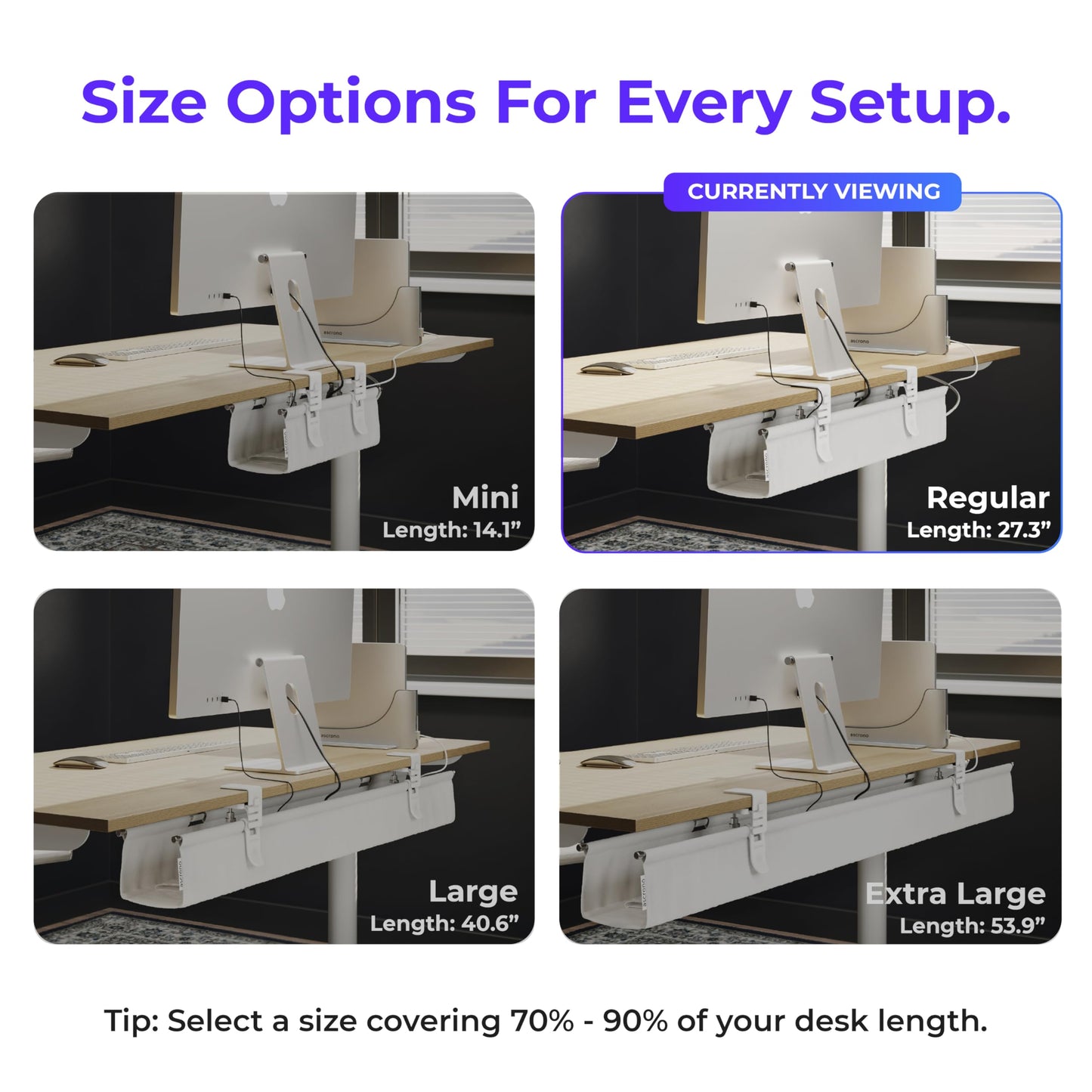 Ascrono Original No Drill Under Desk Cable Management Tray 27.3" - Premium White Fabric Cable Management Under Desk - Clamp/Screw Mount Cord Organizer - Supports Upto 66lbs