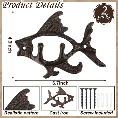 Otoolling 2 Pcs Cast Iron Fish Designed Wall Hooks Nautical Coat Hooks Rack Heavy Duty Fish Coat Hangers Metal Decorative Wall Holder Mounted with 2 Screws for Hanging Keys Towel Bag Scarf Cap