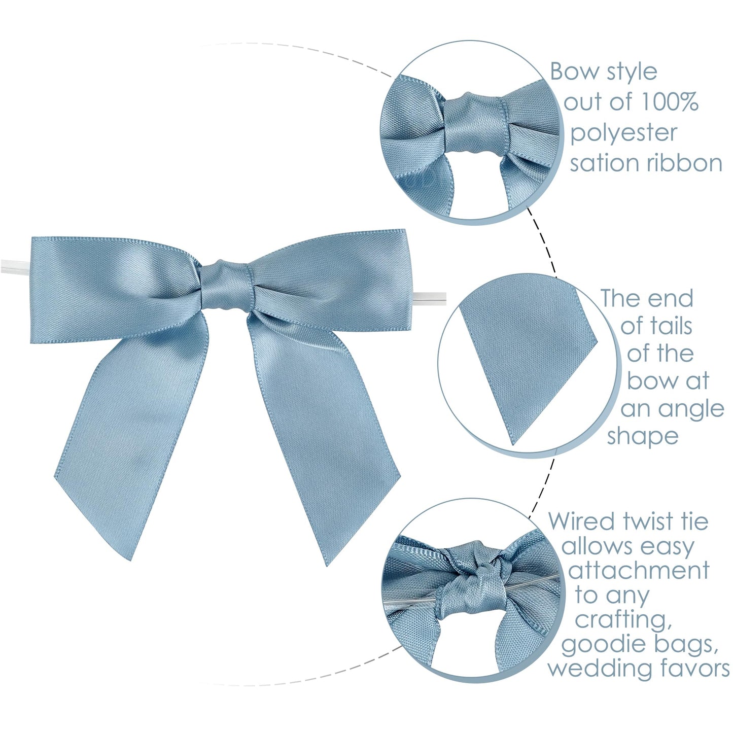 AIMUDI Dusty Blue Satin Ribbon Bows 3.5" Pre-Tied Twist Tie Bows for Treat Bags Gift Wrapping Cake Pop Goodie Bags Party Wedding Baby Shower Favor - 50 PCs