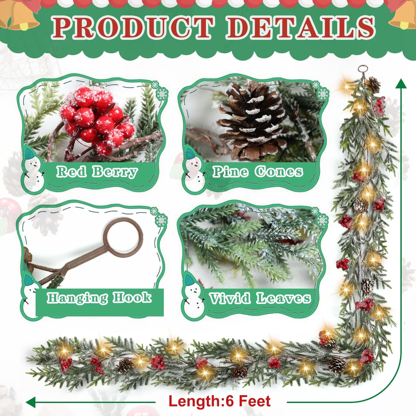 6FT Christmas Garland with Lights, Christmas Decor Pre-lit Artificial Pine Garland with Battery Operated Timer, Decorations Indoor Outdoor Home Holiday Flocked Garland for Mantel Window Stairs Wall