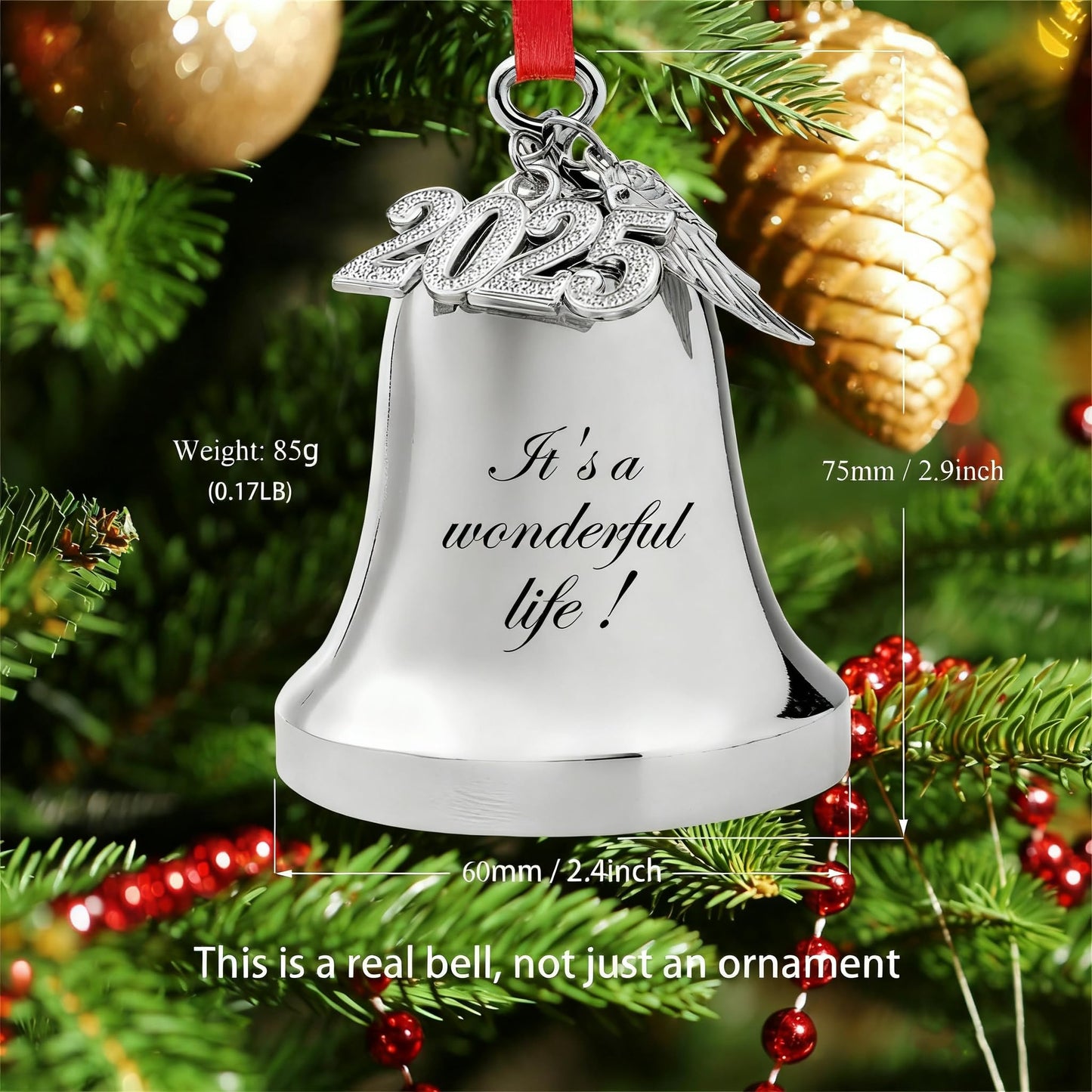 WANSHUNLMI It's a Wonderful Life Christmas Bell Ornament, Silver Metal, 2.9 x 2.4 inch, Real Bell with 2026 and Wing Charm Accent (It's a Wonderful Life)