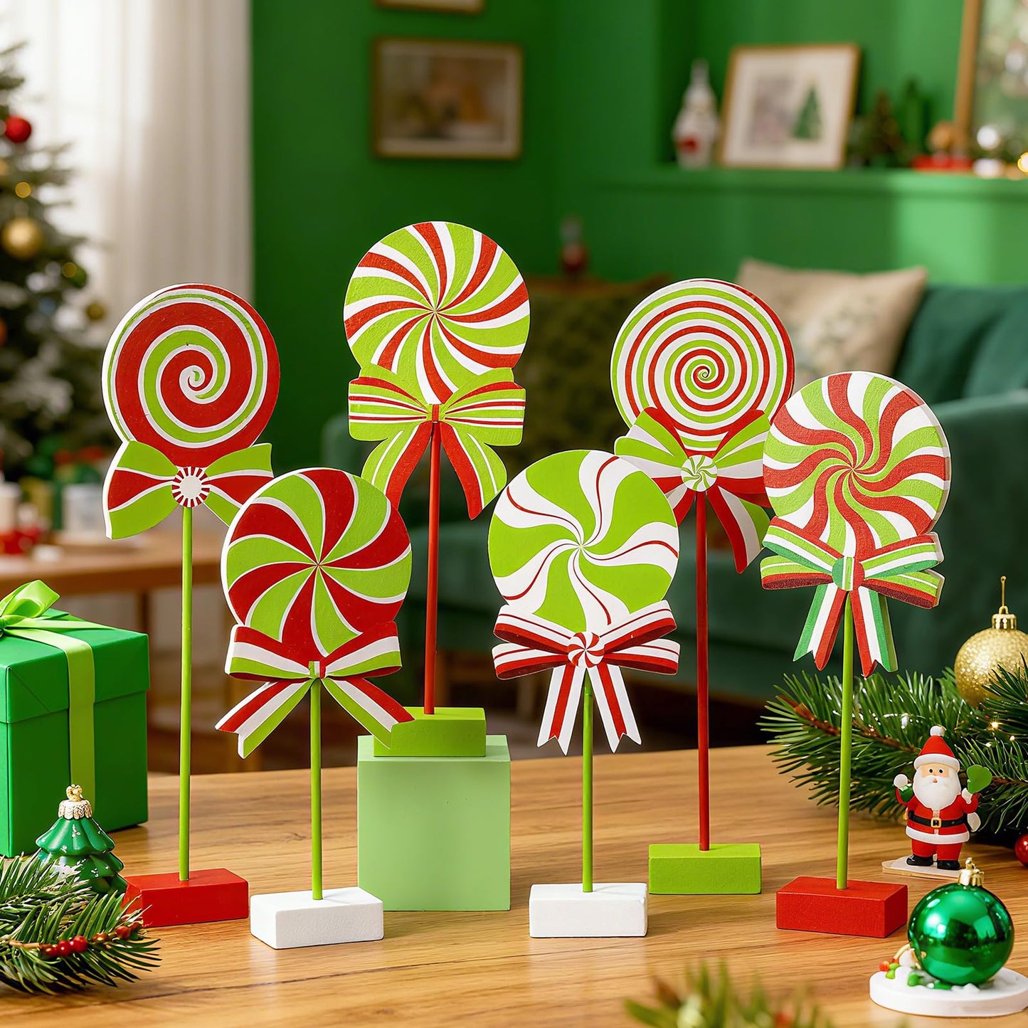 Amyhill 6 Pcs Christmas Candy Wooden Tabletop Decor Candy Cane Tall Standing Wooden Block Xmas Cane Table Centerpiece Sign for Christmas Tiered Tray Home Desk Office Party Decoration