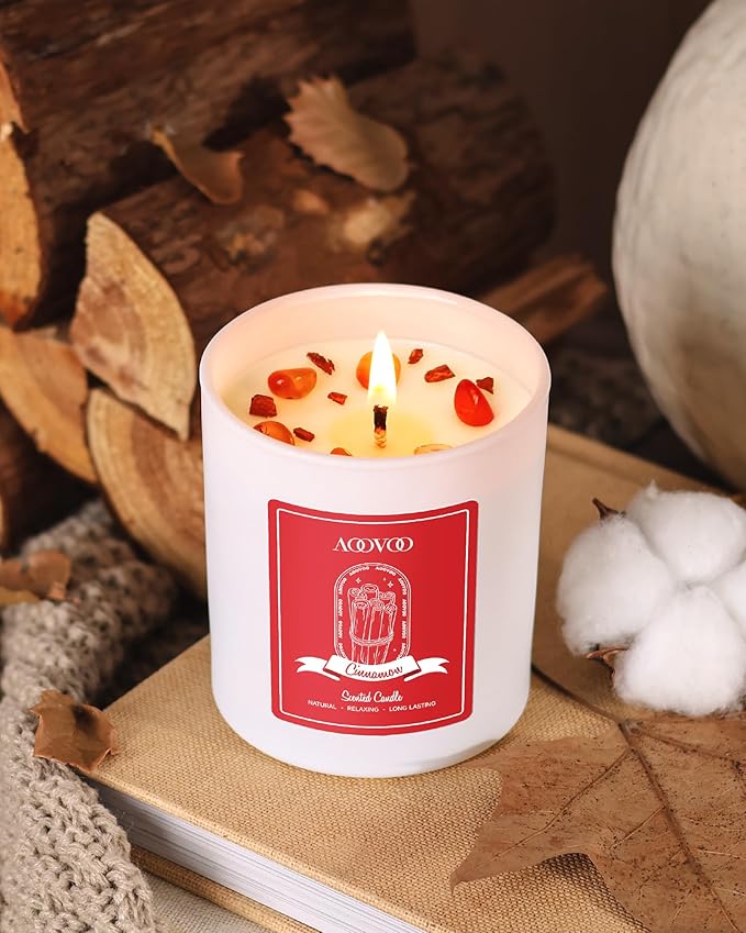 AOOVOO Cinnamon Scented Candles for Women - Aromatherapy Candle with Crystals Inside, 10oz Soy Candles for Home Scented, Birthday Gifts Christmas Candle for Women Mom