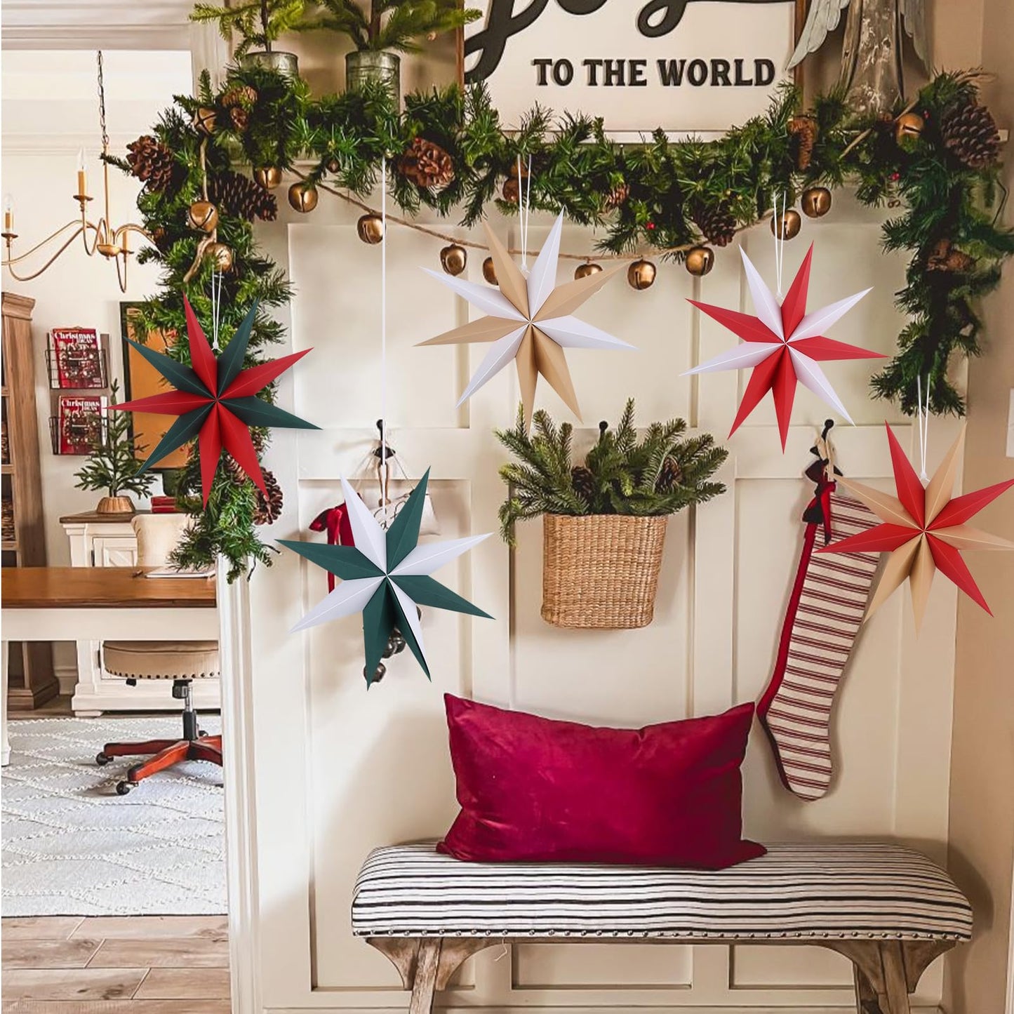 BestoFun 12 Inches 5 PCS Cindy Paper Star Lanterns Red Green White Christmas Party Decorations Hanging Stars Christmas Party Decorations Wedding Birthday Christmas Home Party Decorations(9 Pointed)