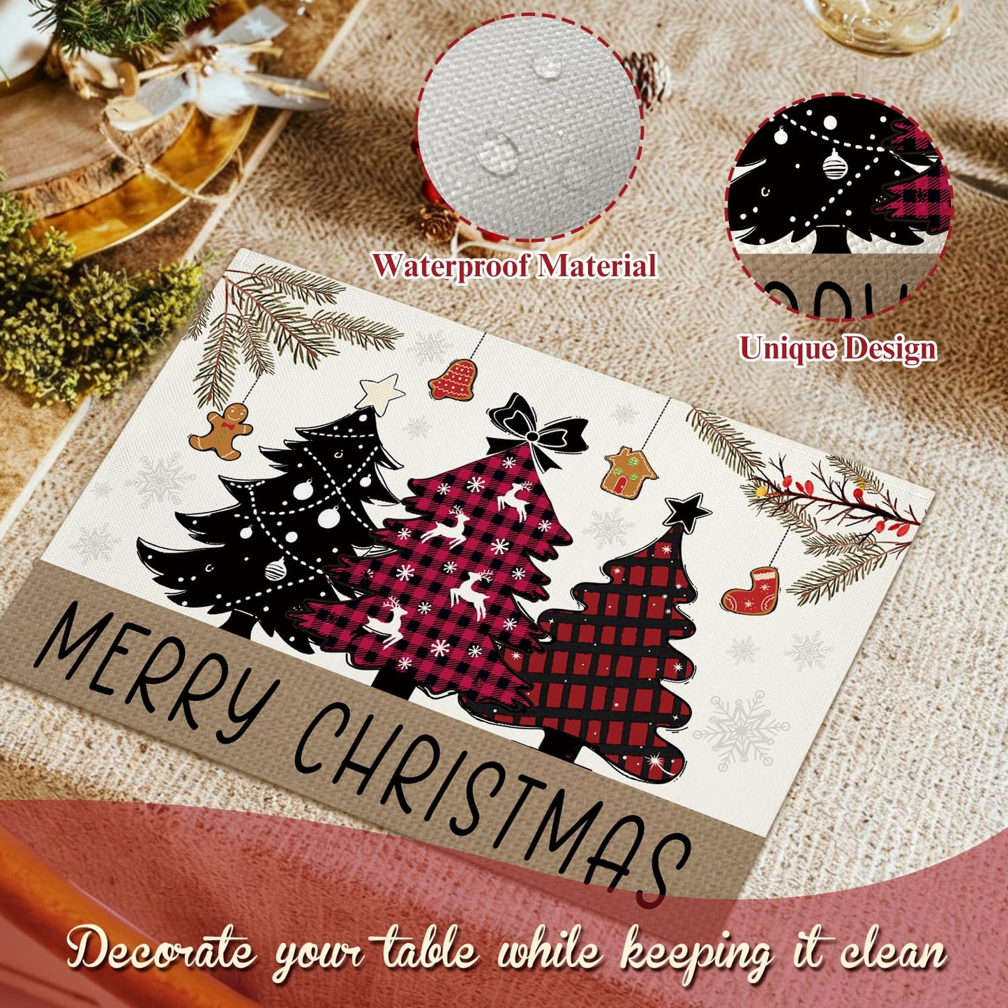 Christmas Tree Snowflakes Placemats Set of 4 Winter Gifts for Christmas Women Rustic Holiday Placemats Decor for Xmas Party Outdoor Home Kitchen Dining Recyclable Table Mats 12x18 inch - DH718
