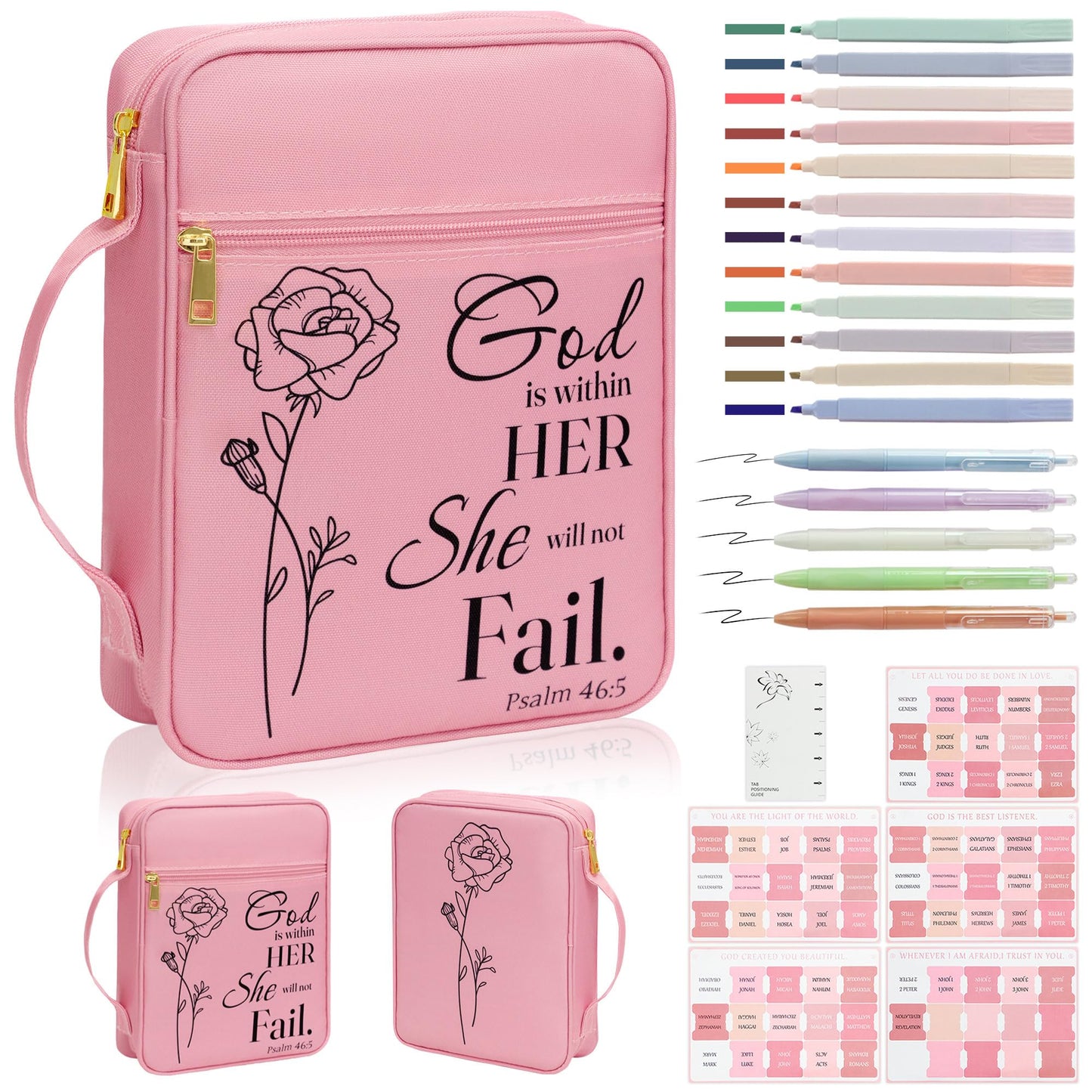 Bible Cover for Women, Bible Holder, Bible Study Supplies Accessories Bible Cover Carrier Carrying Organizer Bag, Zipper and Pockets for Standard Size Bible, Gift for Women（pinksuit）