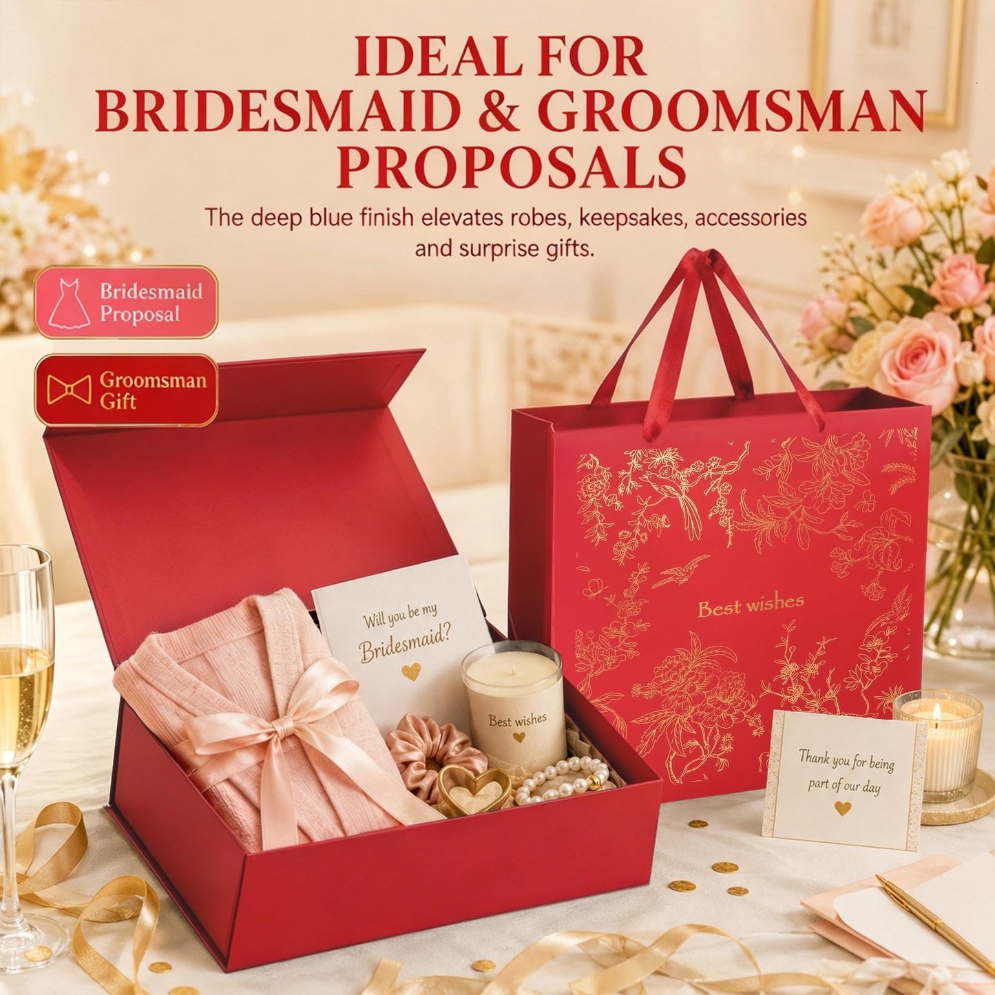 Amalee Luxury Gift Box, Large Deep Red 12”x12”x4” with Strong Magnetic Lid, Elegant Glue-Free Assembly, Includes Ribbon & Card for Wedding, Birthday, Christmas Gift Packaging
