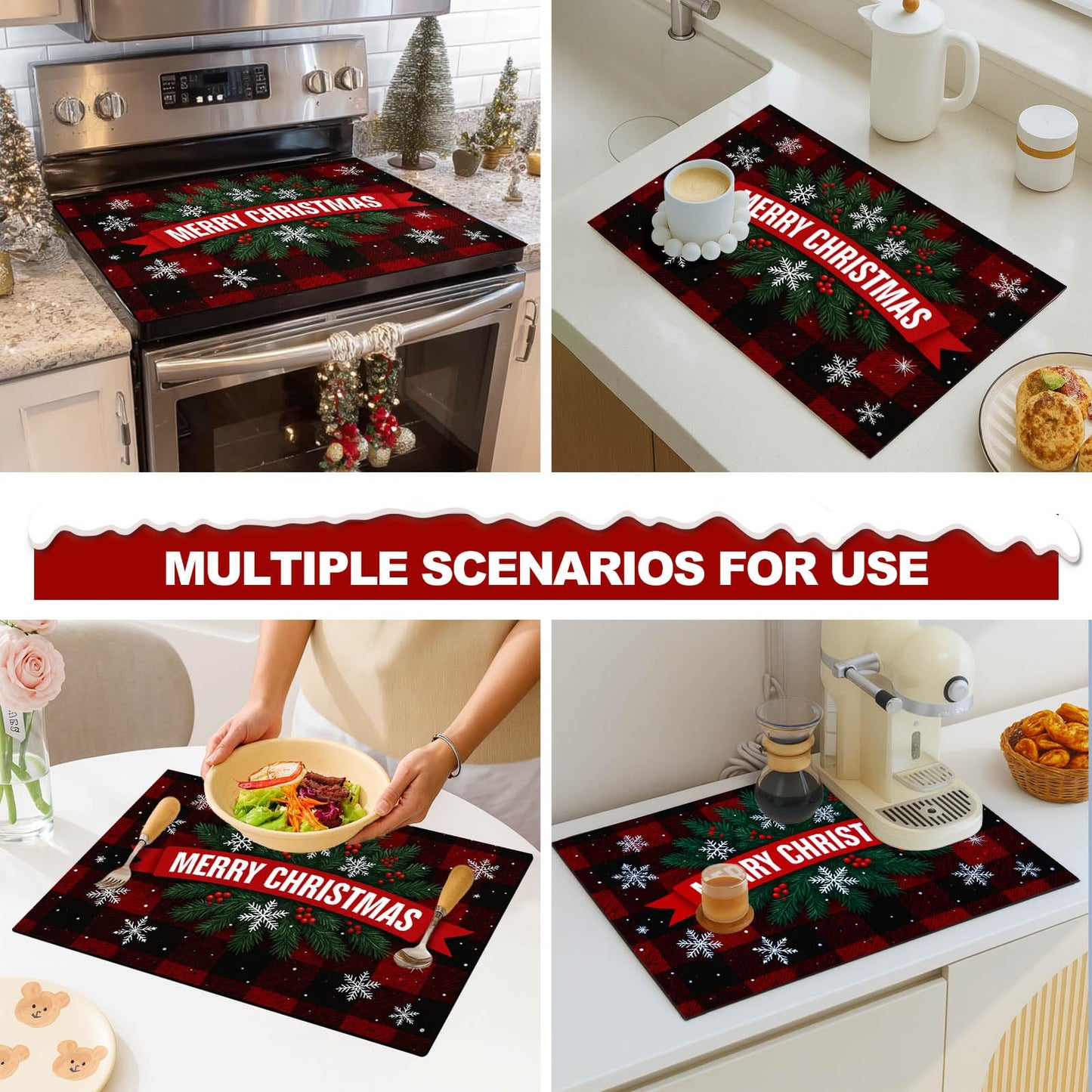 HOMETITUTE Glass Top Stove Cover Christmas Cooktop Protector 28x20 Inch Heat Resistant Silicone Stovetop Mat Holiday Kitchen Counter Cover Buffalo Plaid Snowflake Design