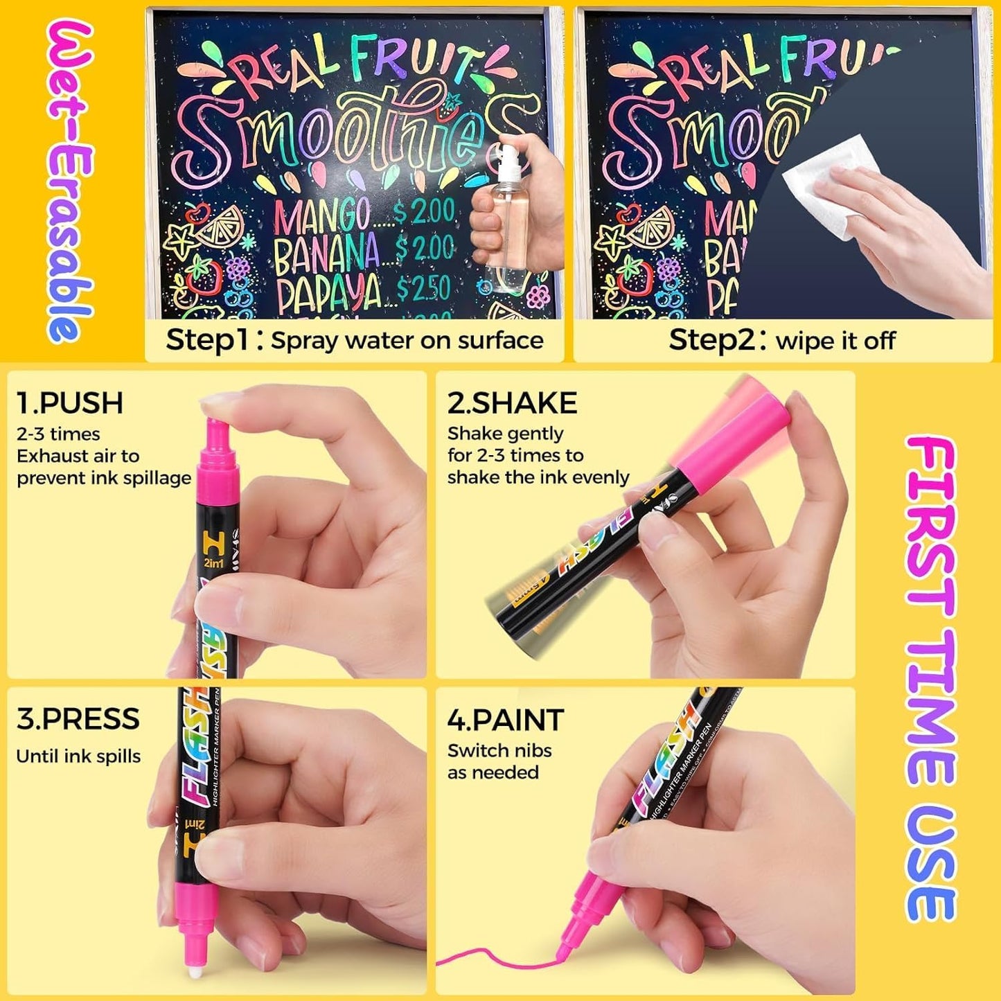 SFAIH 24 Vibrant Chalk Markers for Blackboard [1s Wet Wipe] - No Residue, 6mm Chalk Markers for Chalkboard Calendar, Glass, Window, Menus, Labels, Signs, Car, Non-Toxic, Ideal for Bistro Home