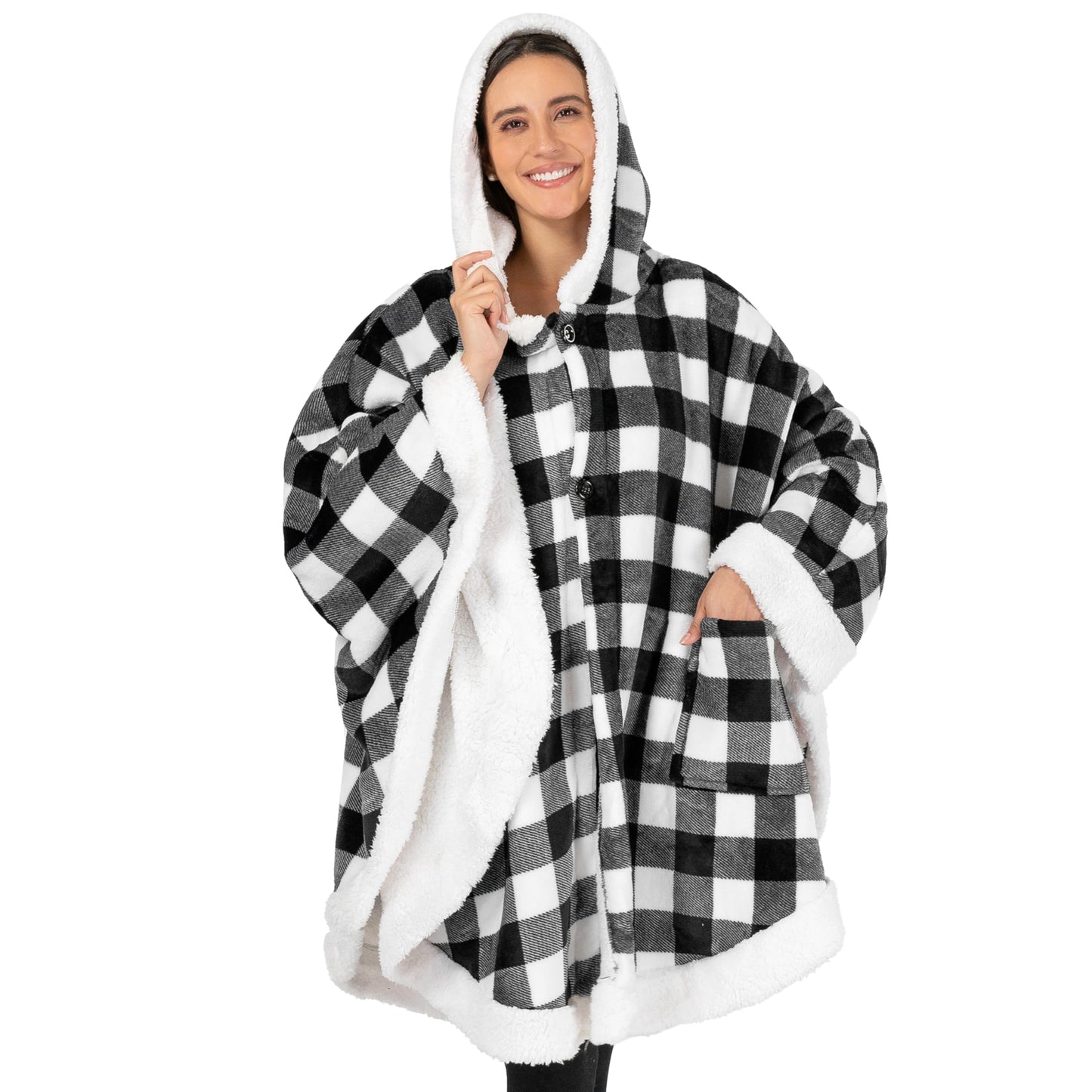 PAVILIA Hooded Blanket Poncho, Women Sherpa Fleece Shawl Wrap with Hood, Wearable Blanket Cozy Warm Poncho Cape Throw with Pockets, Gift for Elderly Mom, Black and White Buffalo Plaid Checkered