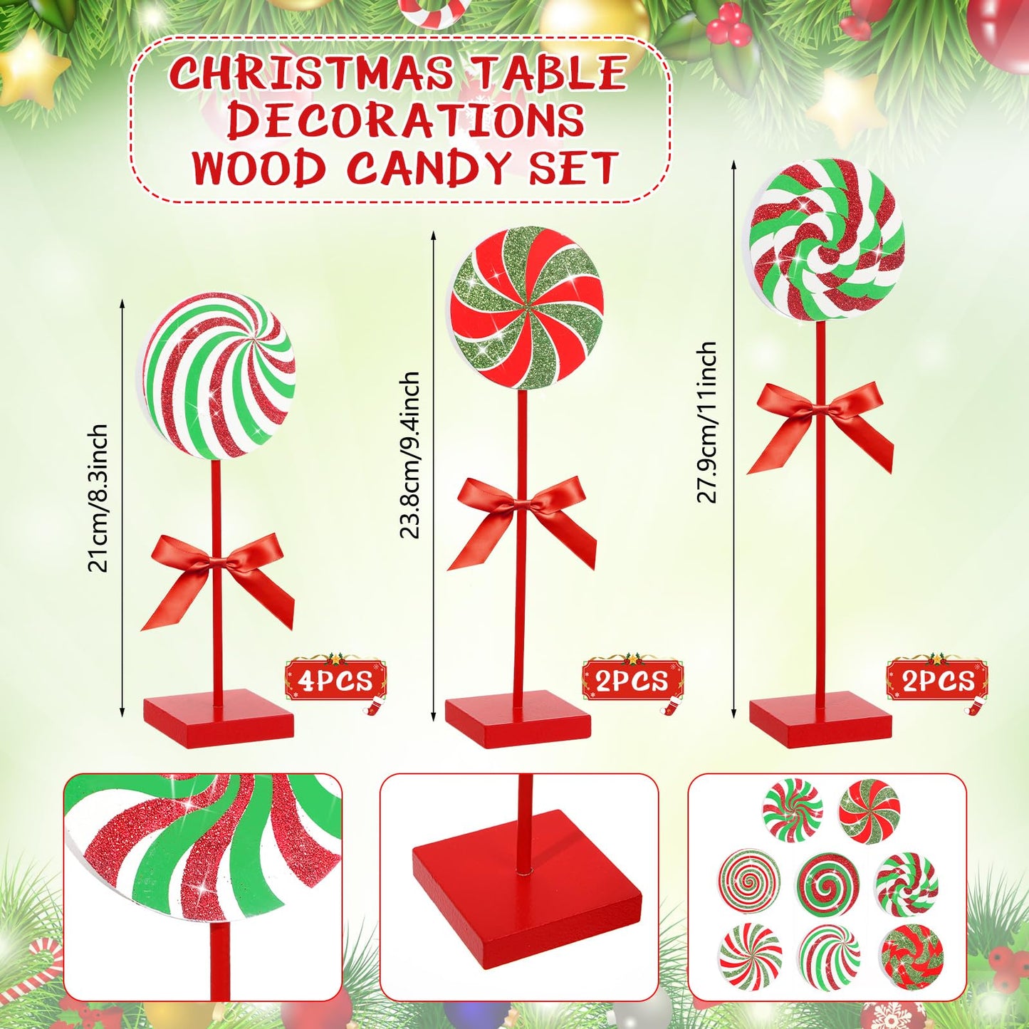 Amyhill 8 Pcs Christmas Candy Wooden Tabletop Decor Glitter Xmas Candy Cane Table Centerpiece Sign for Christmas Tiered Tray Home Desk Office Party Decoration(Exquisite,Red,Green)