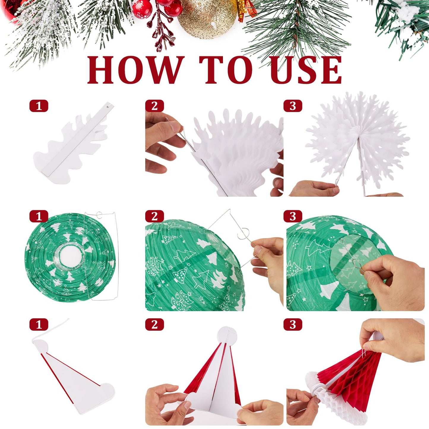 OBBOLO Christmas Hanging Decorations, 12 PCS Paper Lanterns, Honeycomb Christmas Trees, Hanging Paper Fans, Red Green Gold White Holiday Party Supplies for Home Xmas Holiday Party