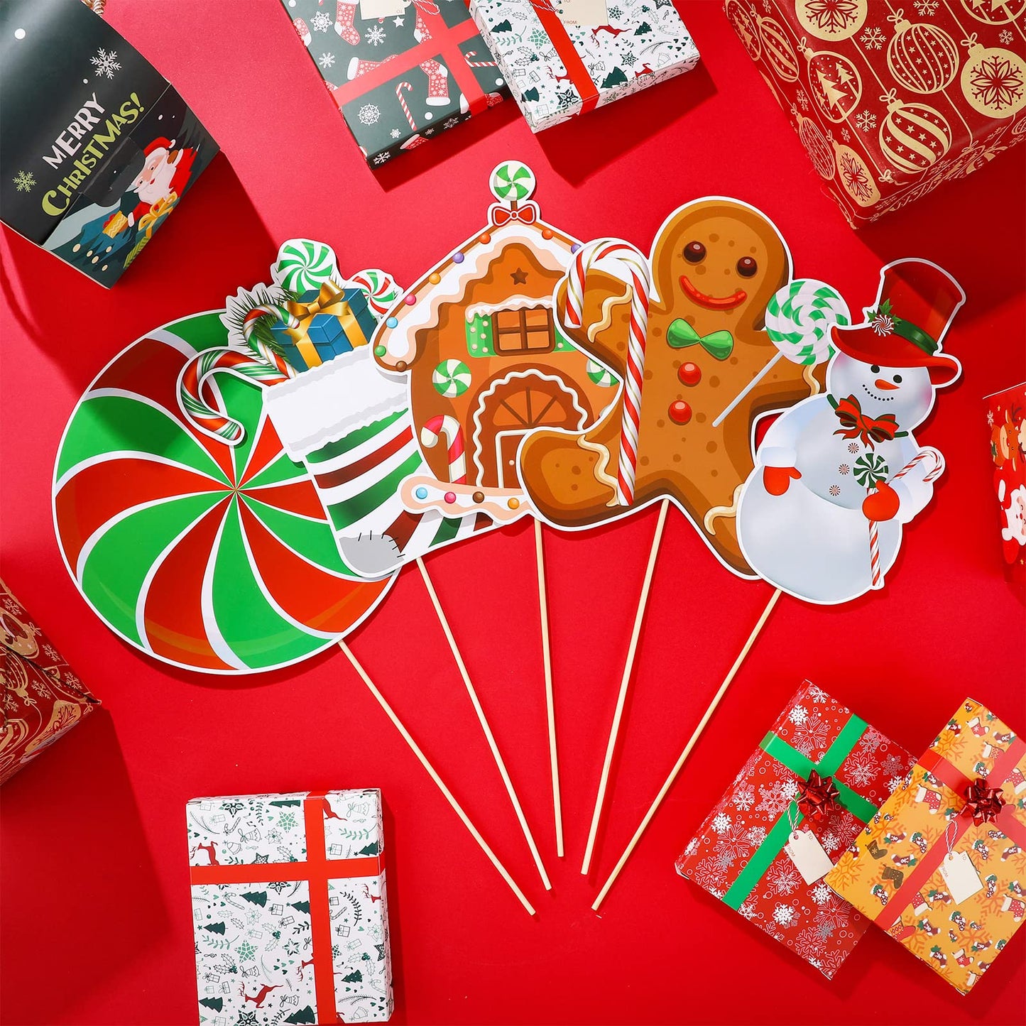 24 Pieces Christmas Picks Snowman Santa Hat Lollipop Gingerbread Christmas Stocking Farm House Cutout on Sticks Vase Filler Crafts Tree Ornament Wreath Holiday Decorations for Christmas Party