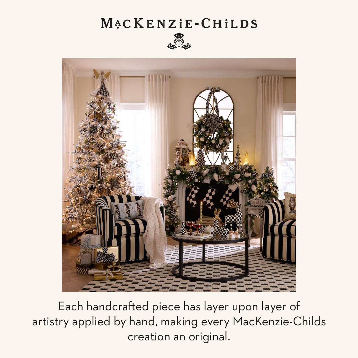 MACKENZIE-CHILDS Stocking, Decorative Polyester Holiday Stocking for Christmas, 7" x 20", Black-and-Off-White Courtly Noel Cream Harlequin