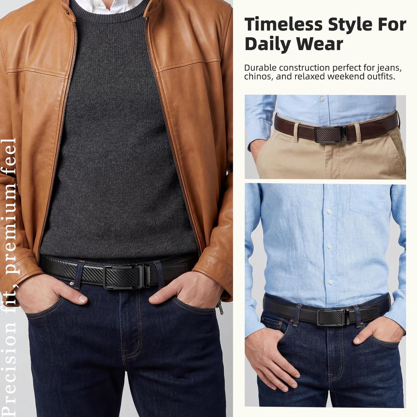 QVGFCTB Ratchet Belts for Men - 2 Pack Leather Belts for Men, Easy to Slide, Adjustable, Gift for Him, Dress&Casual (1 3/8") (Black & Brown, 38"-44" Waist Adjustable)