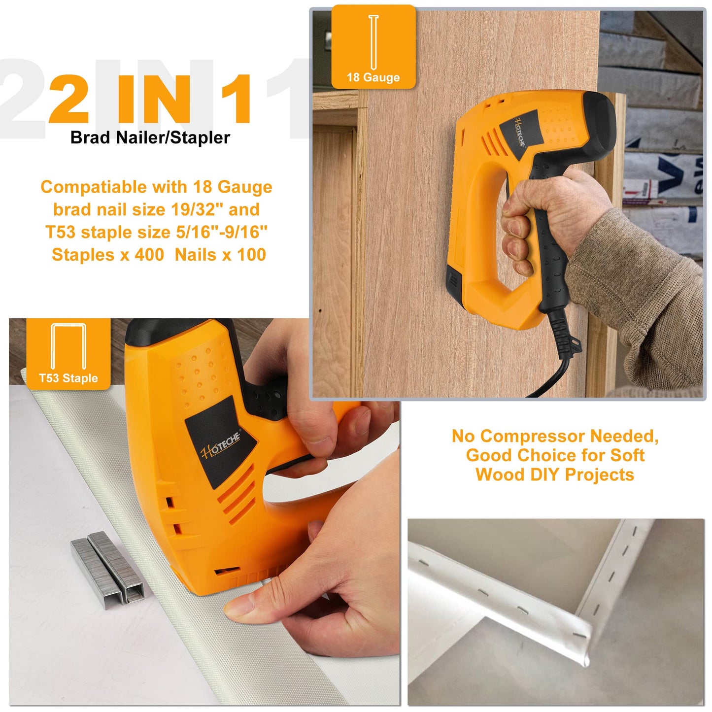 Hoteche Electric Brad Nailer/Stapler - 2-in-1 Power Staple Gun & Nail Gun for Woodworking & Upholstery - Includes 100Pcs 19/32-Inch Brad Nails & 400Pcs 3/8-Inch Staples