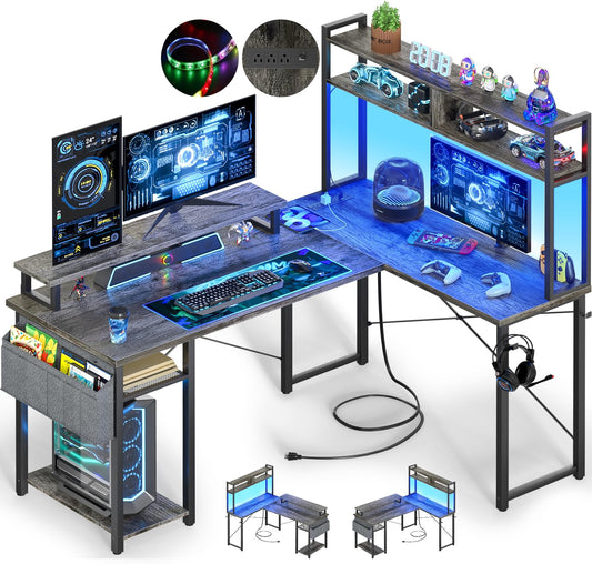 Besiost Small L Shaped Gaming Desk with Power Outlets, 48" Reversible L Shaped LED Computer Desk with Monitor Stand & Storage Shelf, Corner Gamer Desk Home Office Desk with Storage Bag, Black Oak