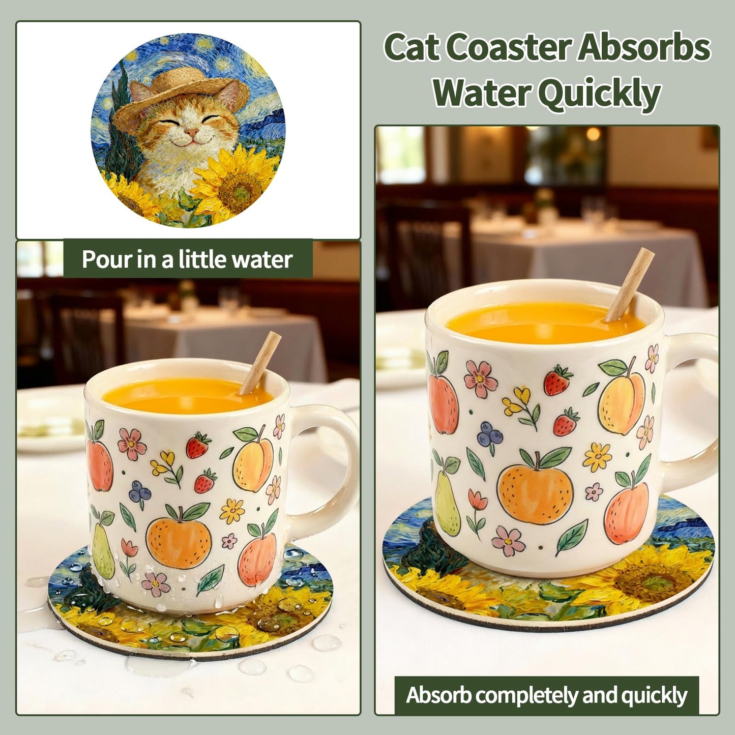 TBWHL Funny Coasters Set of 6, Fun Cat Drink Coasters, Absorbent Drink Anime Cat Coasters, Non Slip Cute Coasters for Desk, Coffee Table, Dining Room Decor