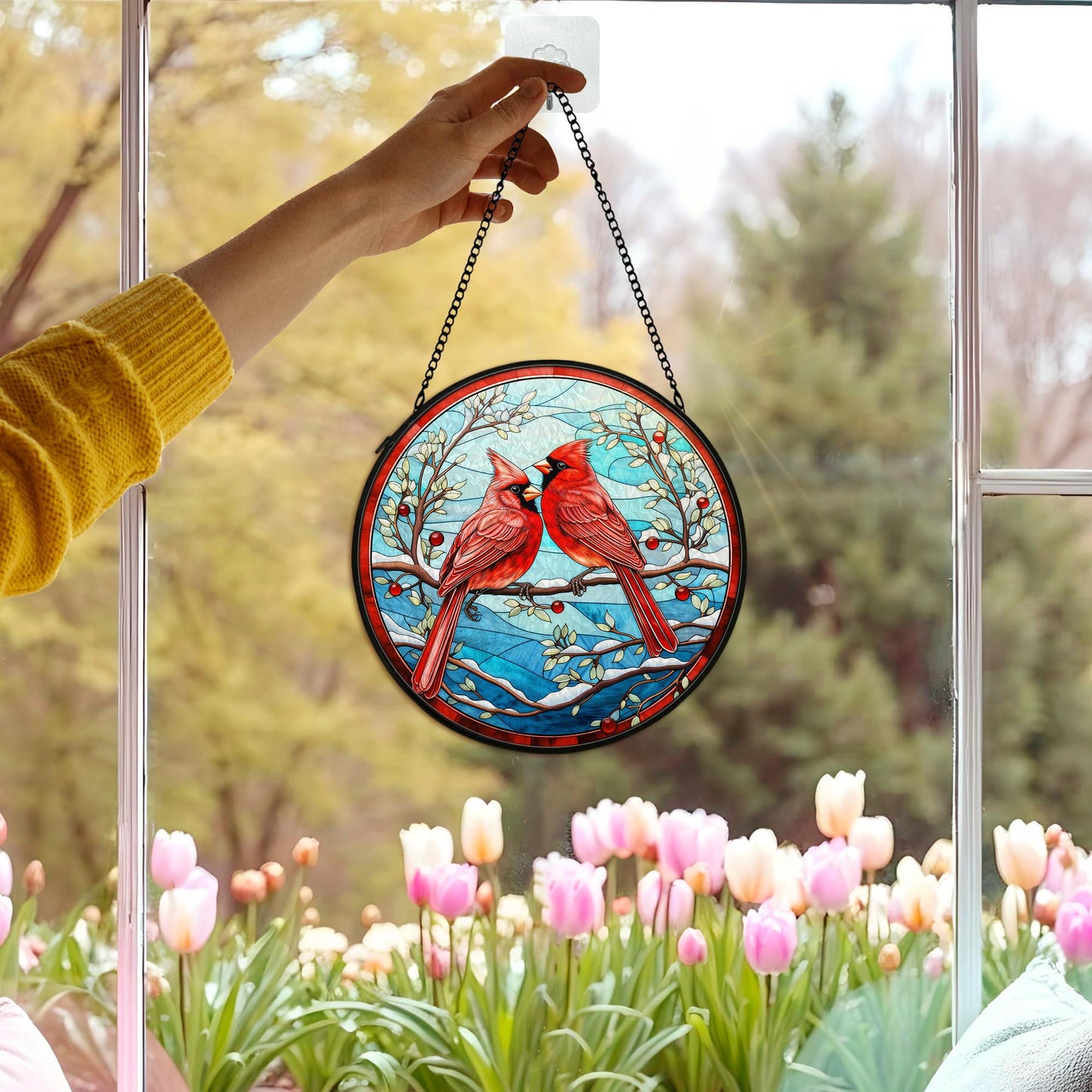 cvjutf Cardinal Suncatcher Stained Glass Window Hanging Decor, Winter Christmas Cardinal Stained Glass Wall Decor, Christmas Bird Lawn Garden Sun Catchers Indoor Window Hanging Wall Art, 7.9x7.9In