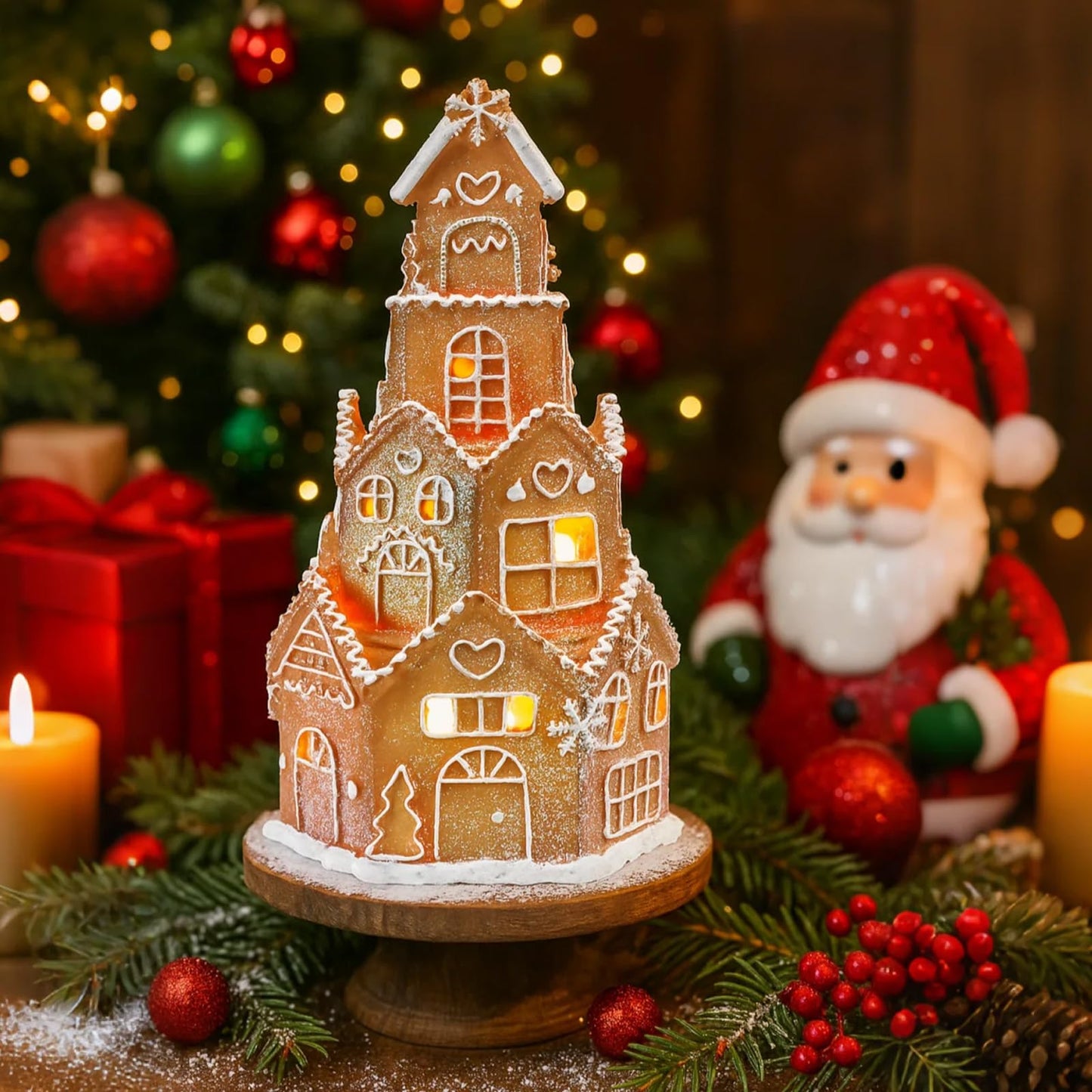 Beeveer LED Christmas Gingerbread House Decoration Resin Christmas Gingerbread Village Sets Xmas Village Collectible Figurines Home Decor Gifts 5 x 5 x 8.25 Inch