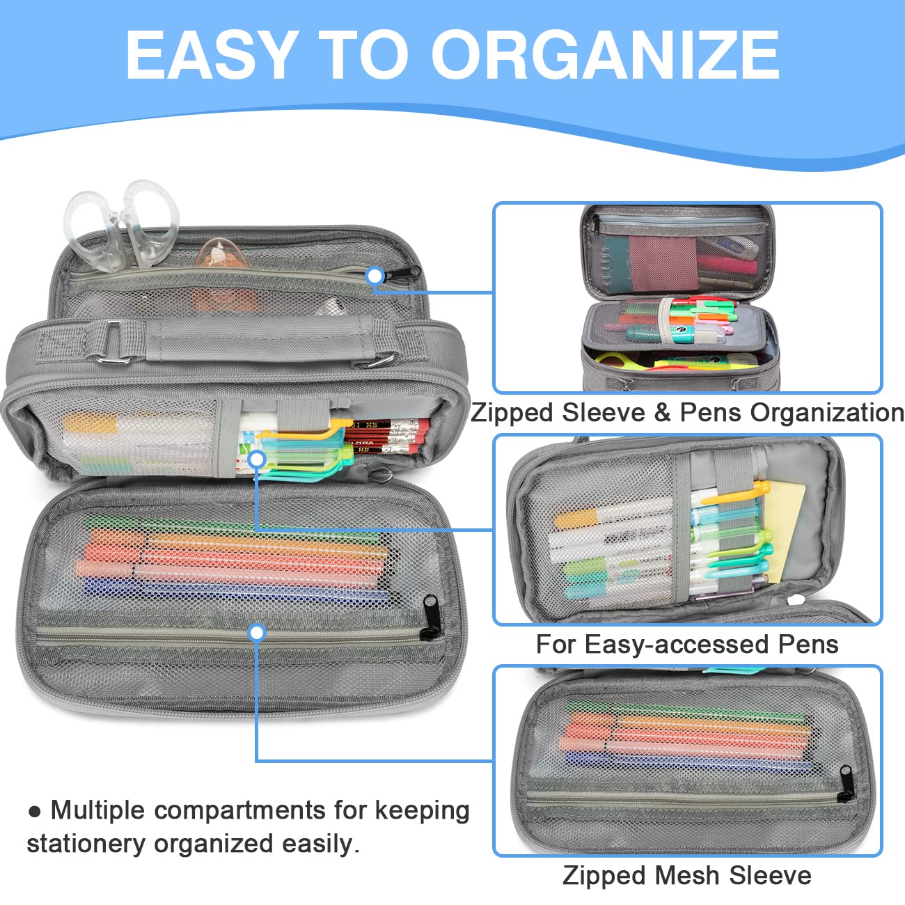 VASCHY Pencil Case, Large Pencil Pouch with Compartments for Middle School,Work,Office Pen Organizer Holder School Supply Gray