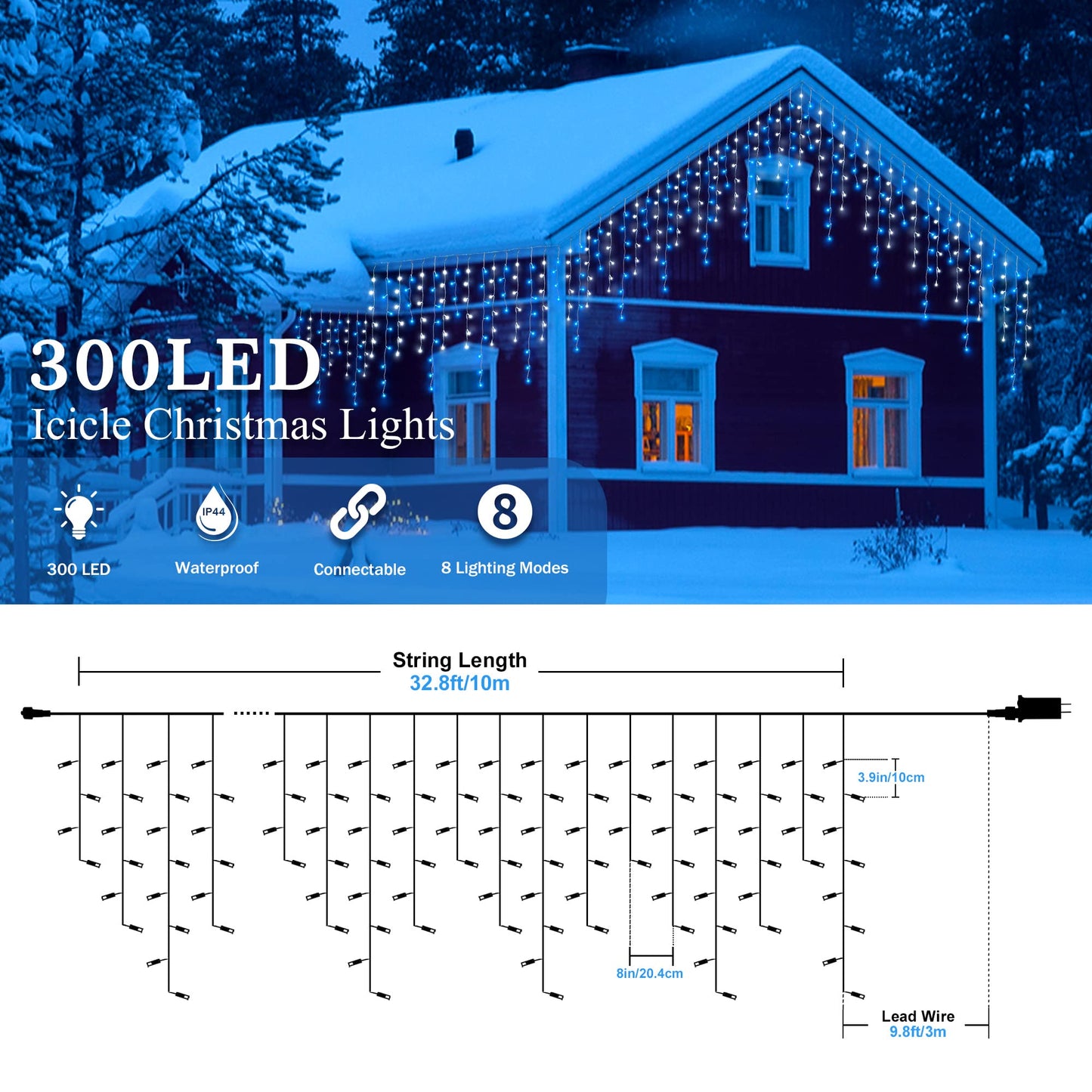 oopswow Icicle Lights Outdoor Decorations 300 LED 33ft 8 Modes Curtain Fairy String Light with 50 Drops, LED String Light Indoor for Wedding Party Holiday Christmas Decorations,Blue+White