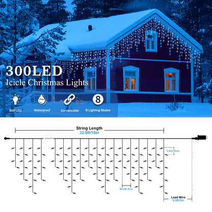 oopswow Icicle Lights Outdoor Decorations 300 LED 33ft 8 Modes Curtain Fairy String Light with 50 Drops, LED String Light Indoor for Wedding Party Holiday Christmas Decorations,Blue+White