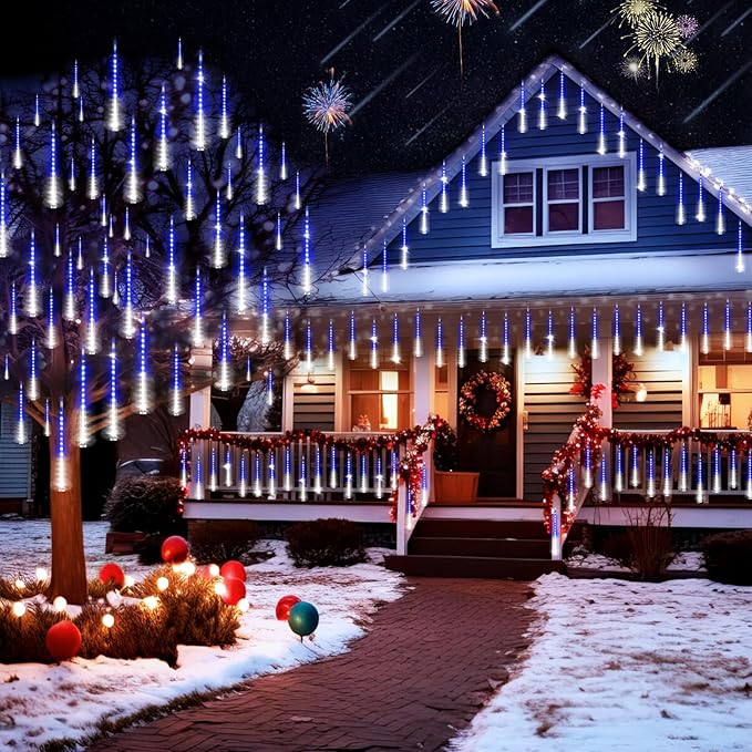 KNONEW 2Pack Total 48 Tube Meteor Shower Lights,15 in 672 LEDs Christmas Lights Outdoor Waterproof Plug in Falling Rain Light for Xmas Tree Wedding Party Garden Decorations (Blue and Cool White)