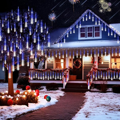 KNONEW Christmas Lights Outdoor, 15 inch 24 Tubes 672 LED Meteor Shower Lights Plug in Waterproof Falling Rain Light for Xmas Tree Wedding Party Garden Holiday Decorations (Blue and Cool White)