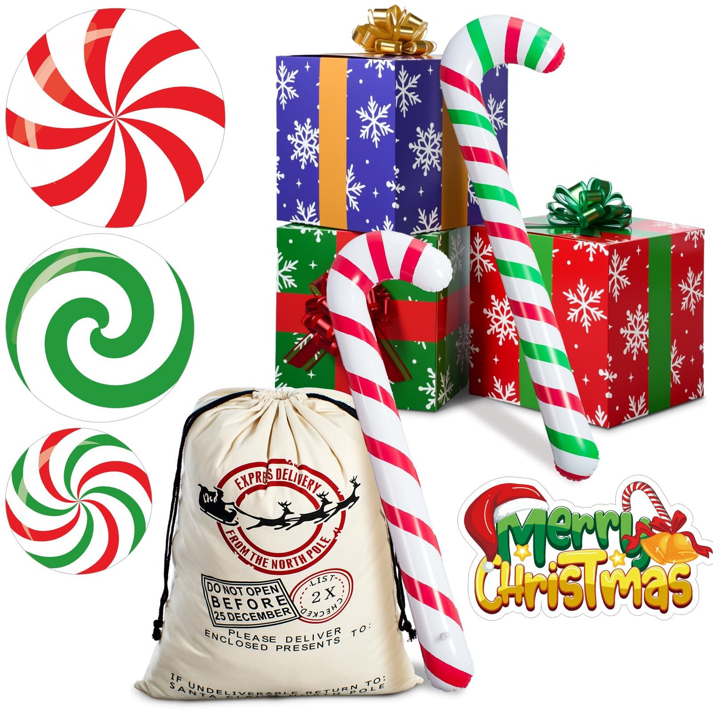 Humyoun 10 Pcs Christmas Gift Boxes Decoration, Christmas Photo Booth Props Gift Box with Ribbons Large Candy Cane Balloon for Xmas Party Decorations Home Xmas Box Decorations
