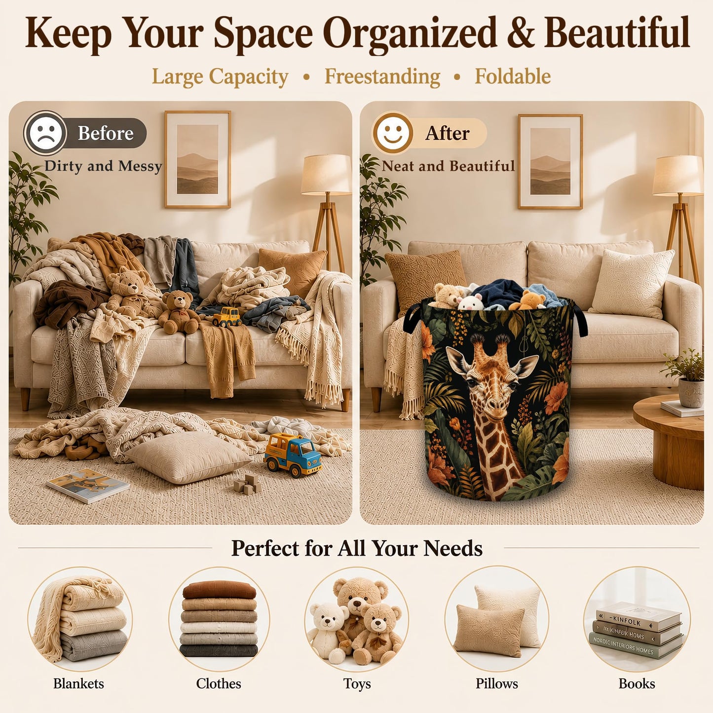 Safari Giraffe Floral Laundry Basket with Handles, Foldable Tall Oxford Clothes Hamper, Lightweight Water-Resistant Storage Bin for Bedroom Bathroom College Dorm, 16 x 20.8 Inch
