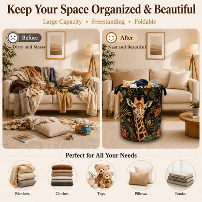 Safari Giraffe Floral Laundry Basket with Handles, Foldable Tall Oxford Clothes Hamper, Lightweight Water-Resistant Storage Bin for Bedroom Bathroom College Dorm, 16 x 20.8 Inch