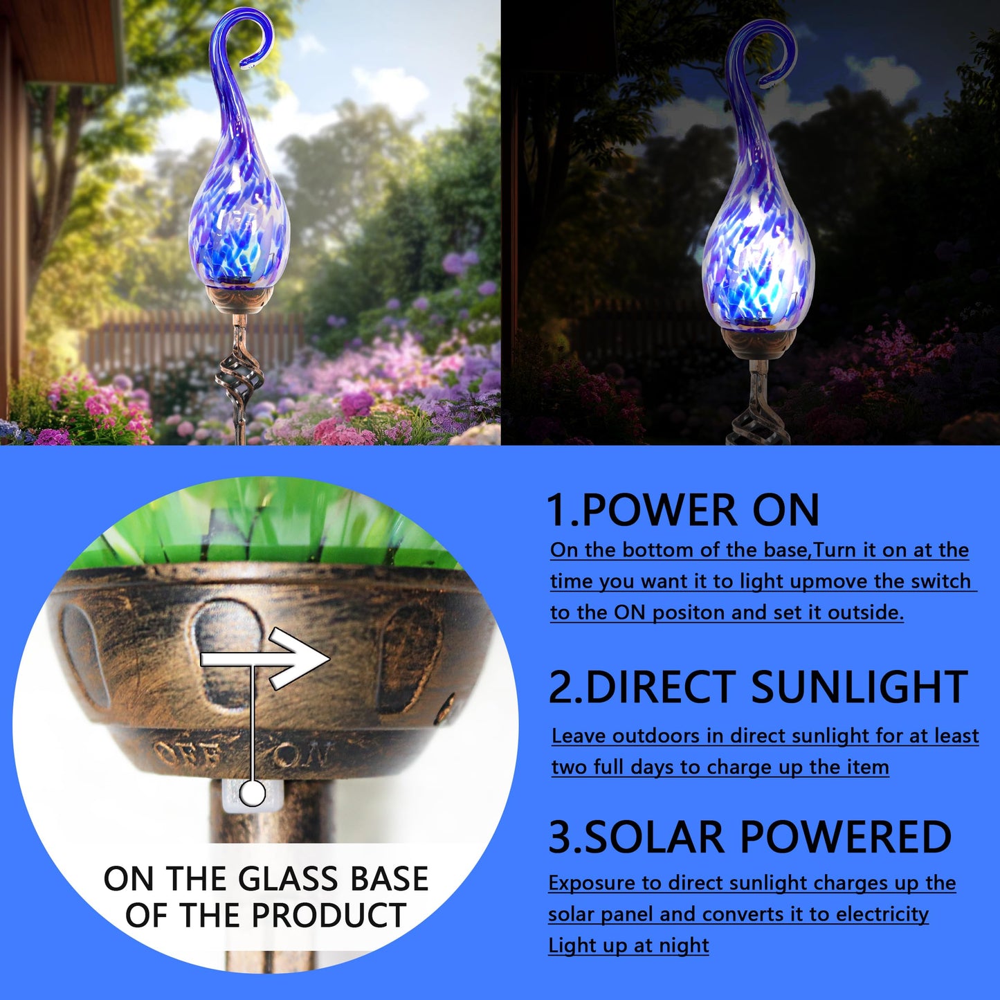 Naboher Garden Solar Lights Outdoor, Decorative LED Pearlized Glass Spiral Garden Stake with Finial, Hand Blown Glass and Metal Outdoor Decoration, 3 x 36 Inch (Dark Blue)
