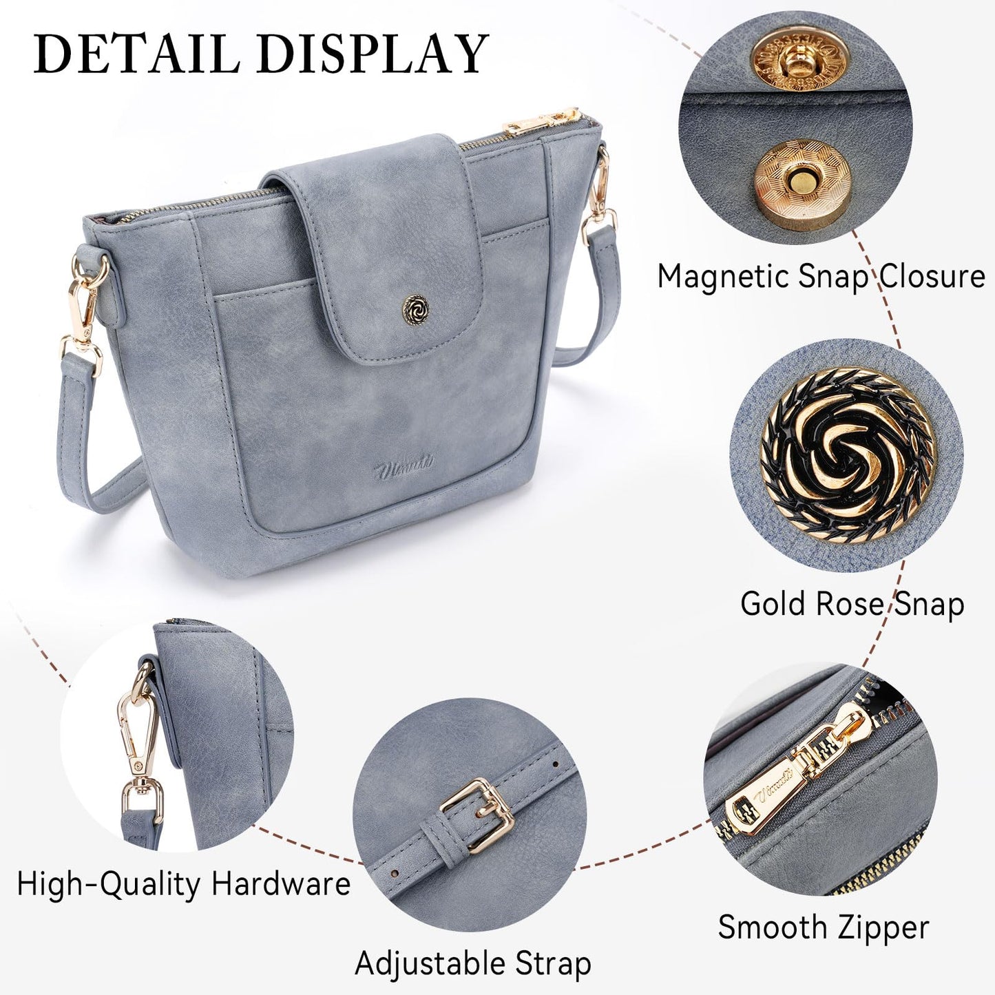 VIMUTI Small Crossbody Bags for Women Vegan Leather Crossbody Purse with Adjustable Strap Lightweight Shoulder Bag for Daily Use (Blue)