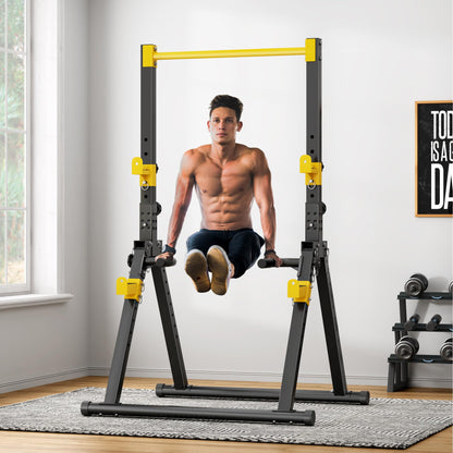 soges Foldable Power Tower, Pull Up Dip Station for Home Gym, 500 LBS Capacity Power Tower with Triangular Design, Adjustable Height Pull Up Bar for Full Body Workout (Yellow)